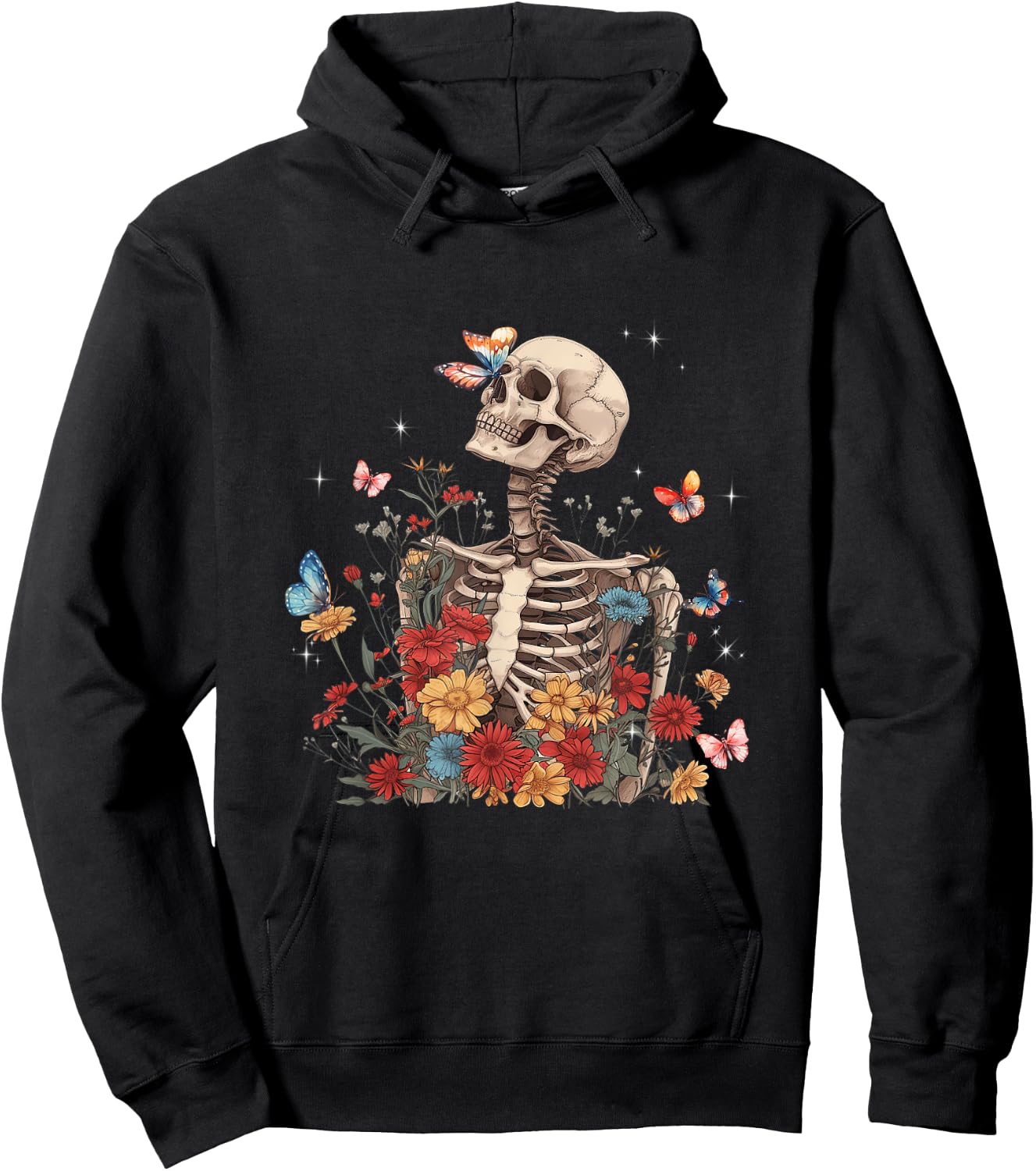 Skeleton Flowers Butterfly Floral Halloween Men Women Hoodie - Hoodie | Black