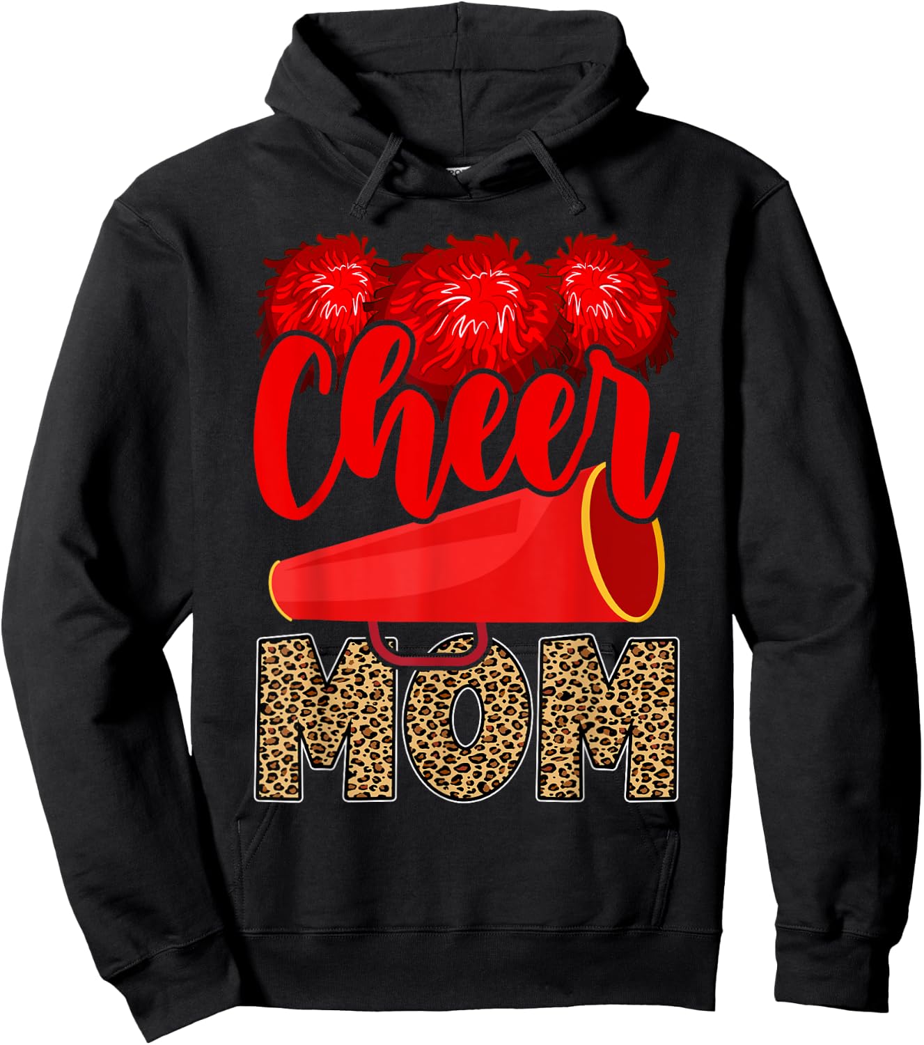 Cheer Mom Biggest Fan Leopard Print Black And Red Pom Pom Hoodie - Hoodie | Black