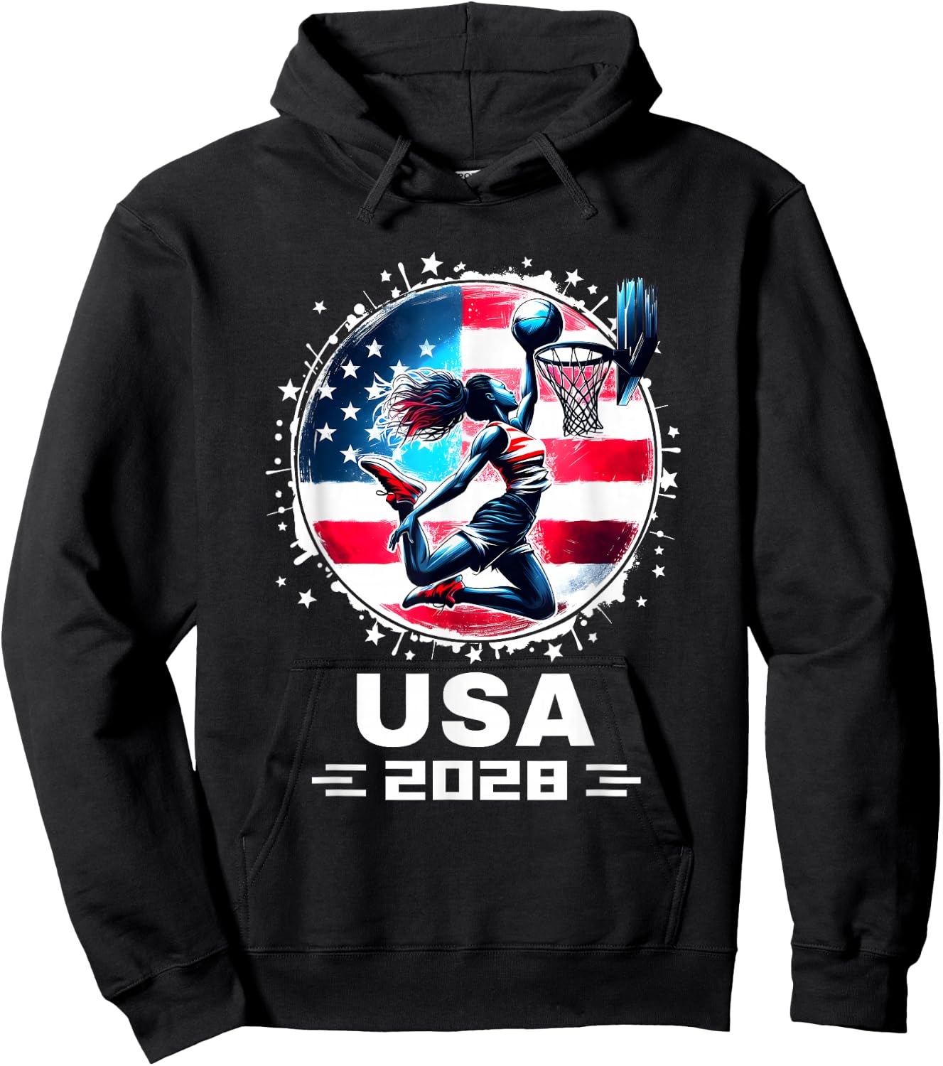 USA Team 2028 United States American Flag Women Basketball Hoodie - Hoodie | Black