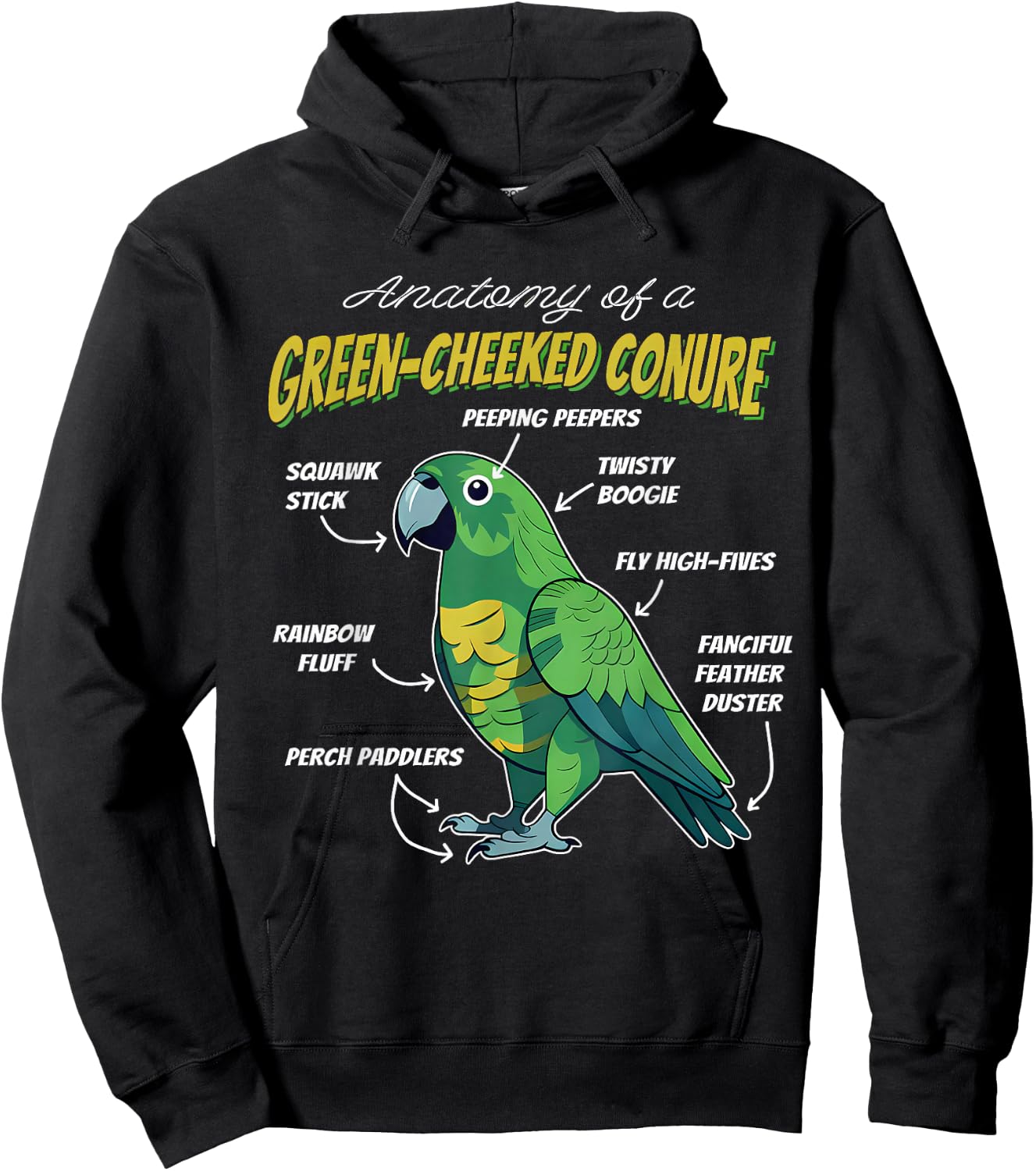 Green Cheek Conure Parrot Anatomy of A Green-Cheeked Conure Hoodie - Hoodie | Black