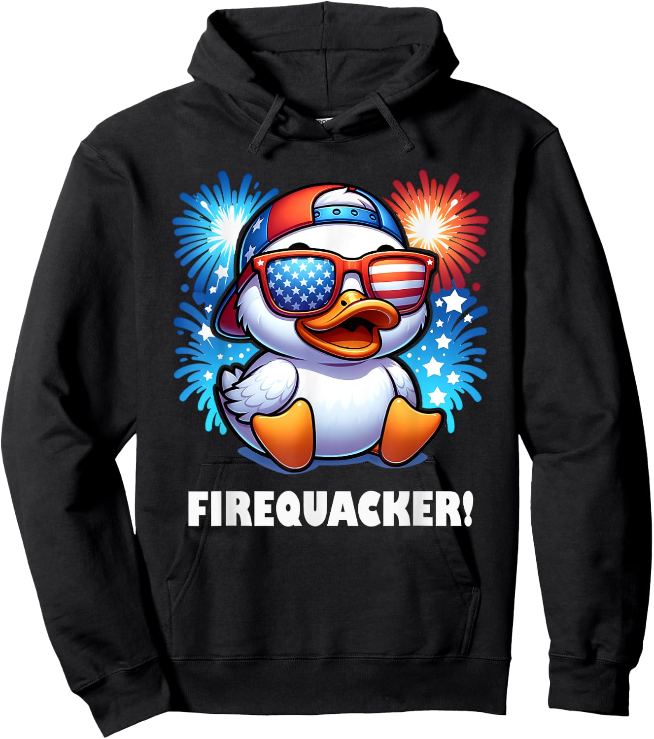 4th of July Firequacker Duck American Flag Fireworks Graphic Hoodie - Hoodie | Black