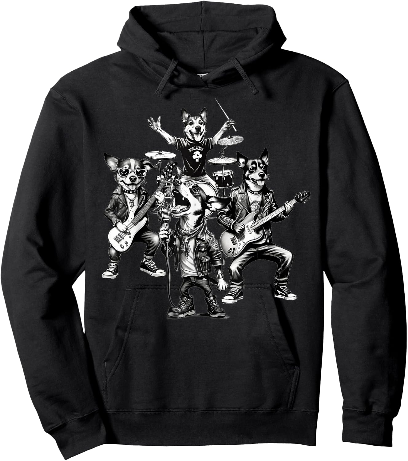 Dogs Rock Band Dogs Playing Guitar Bass Drums Singer Dog Women Hoodie - Hoodie | Black