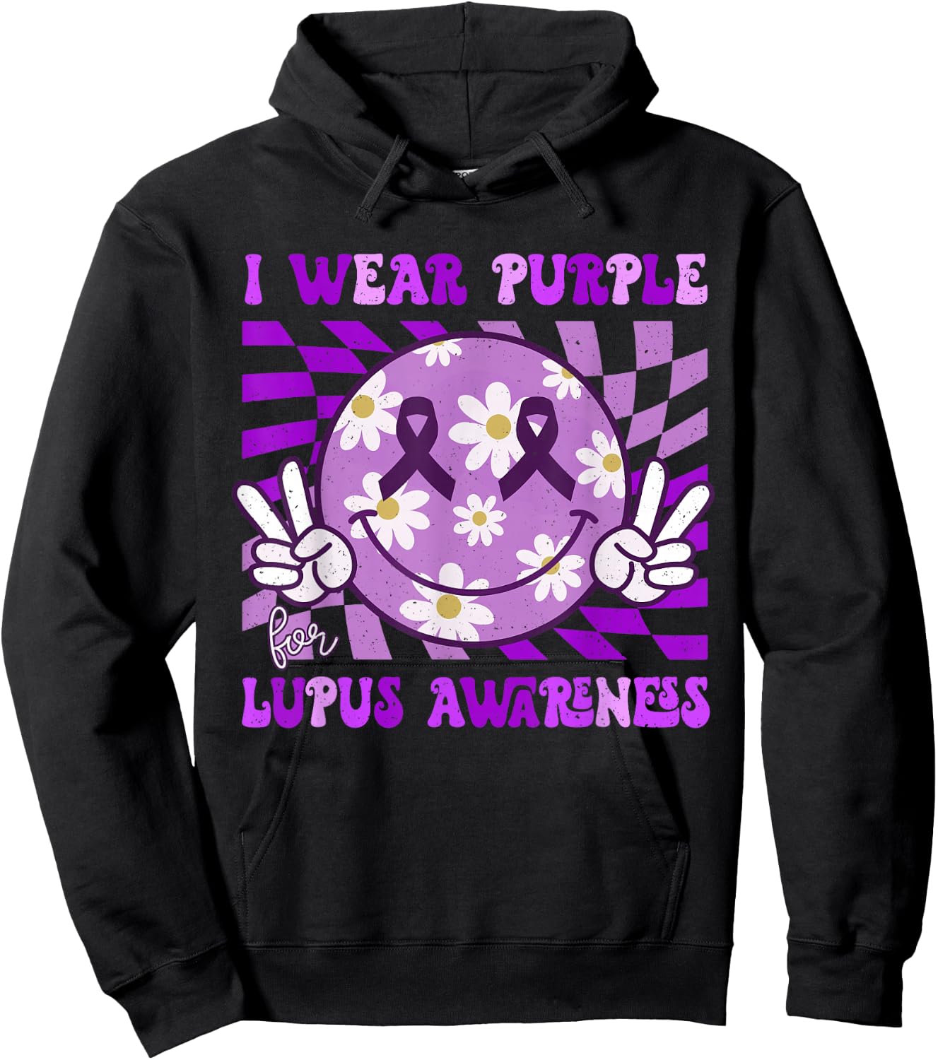 Retro Lupus Awareness Smile Hippie Checkered Purple Ribbon Hoodie - Hoodie | Black