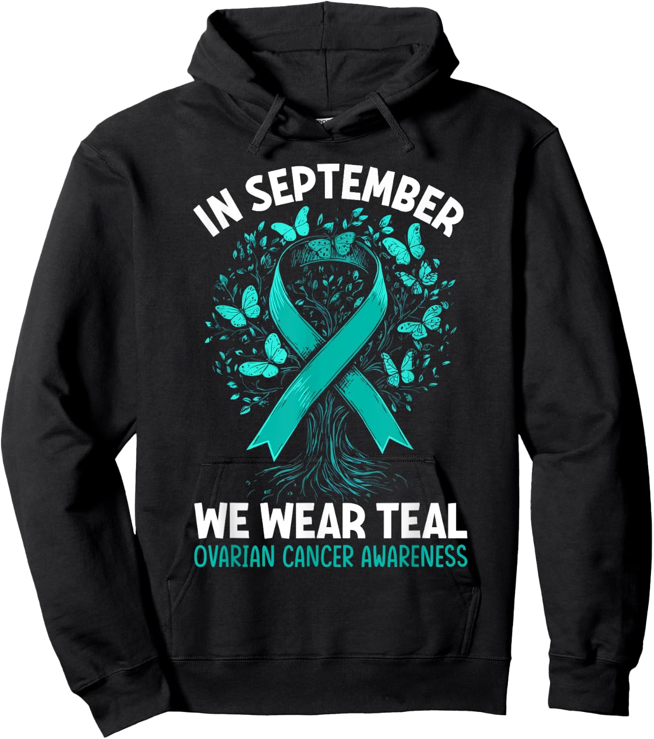 In September We Wear Teal Ovarian Cancer Awareness Hearts Hoodie - Hoodie | Black