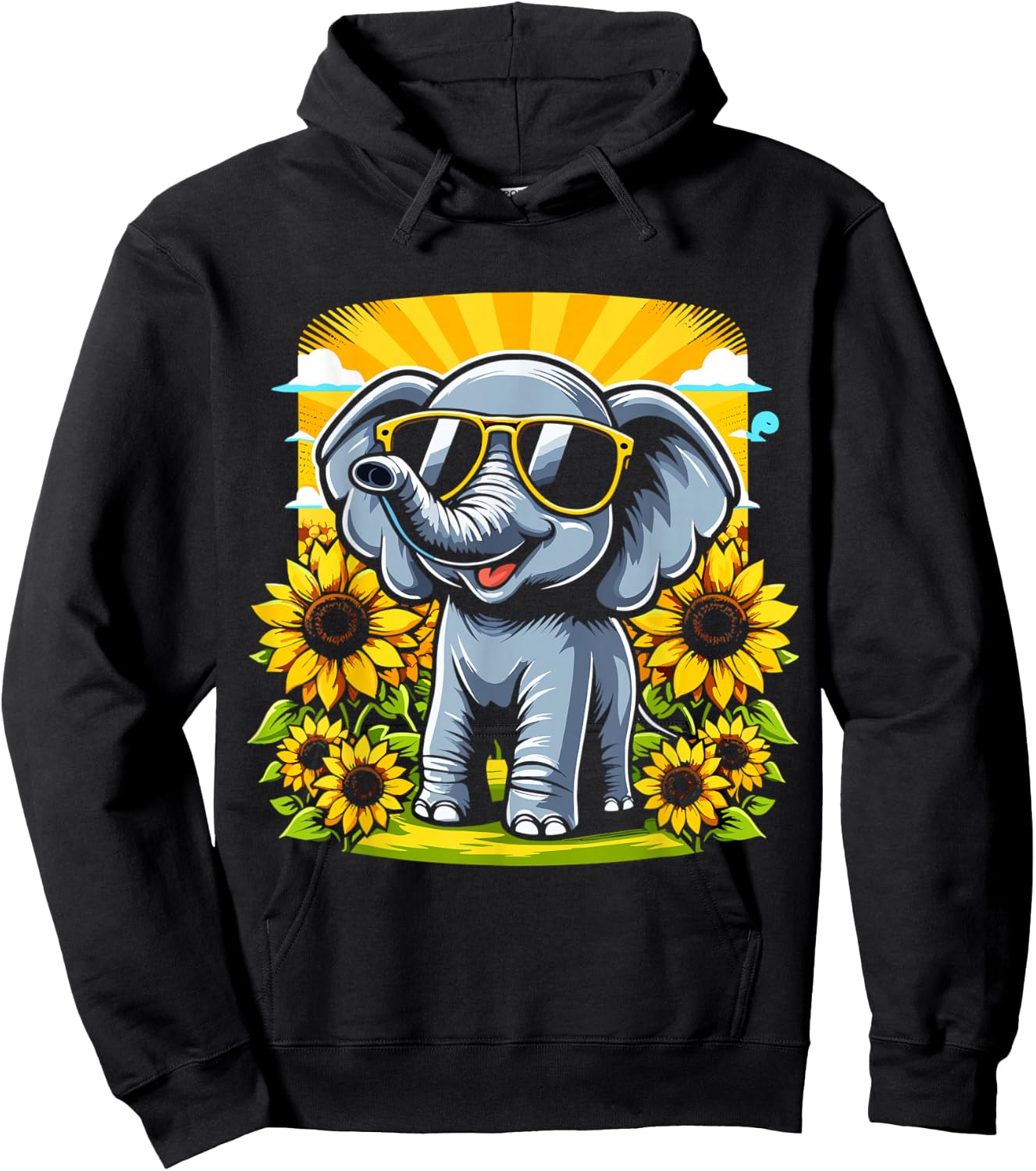 Elephant with Sunglasses and Sunflowers Funny Elephant Lover Hoodie - Hoodie | Black