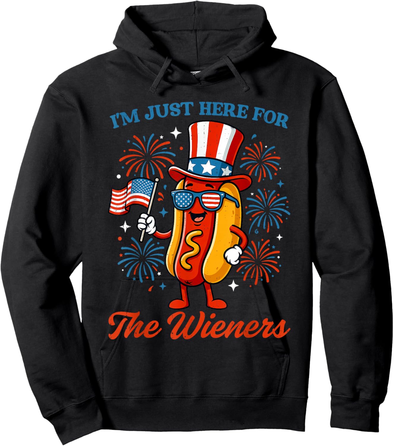 Here for Wieners 4th of July Hotdog Patriotic USA Men Women Hoodie - Hoodie | Black