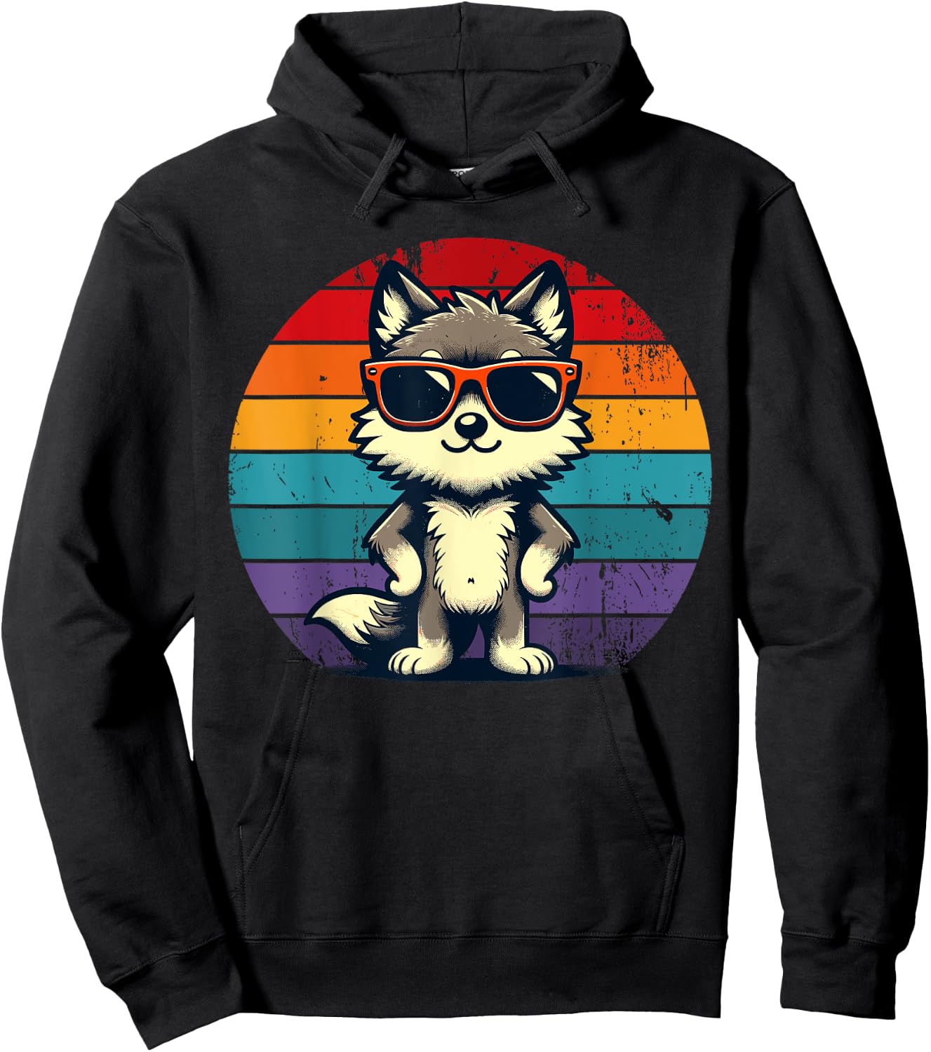 Cool Retro Wolf in Sunglasses 70s 80s 90s Novelty Funny Wolf Hoodie - Hoodie | Black