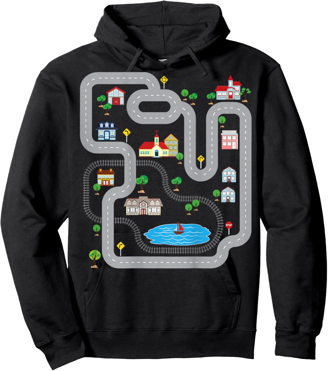 Playmat Train Car Race Track Printed On Back Road Hoodie - Hoodie | Black