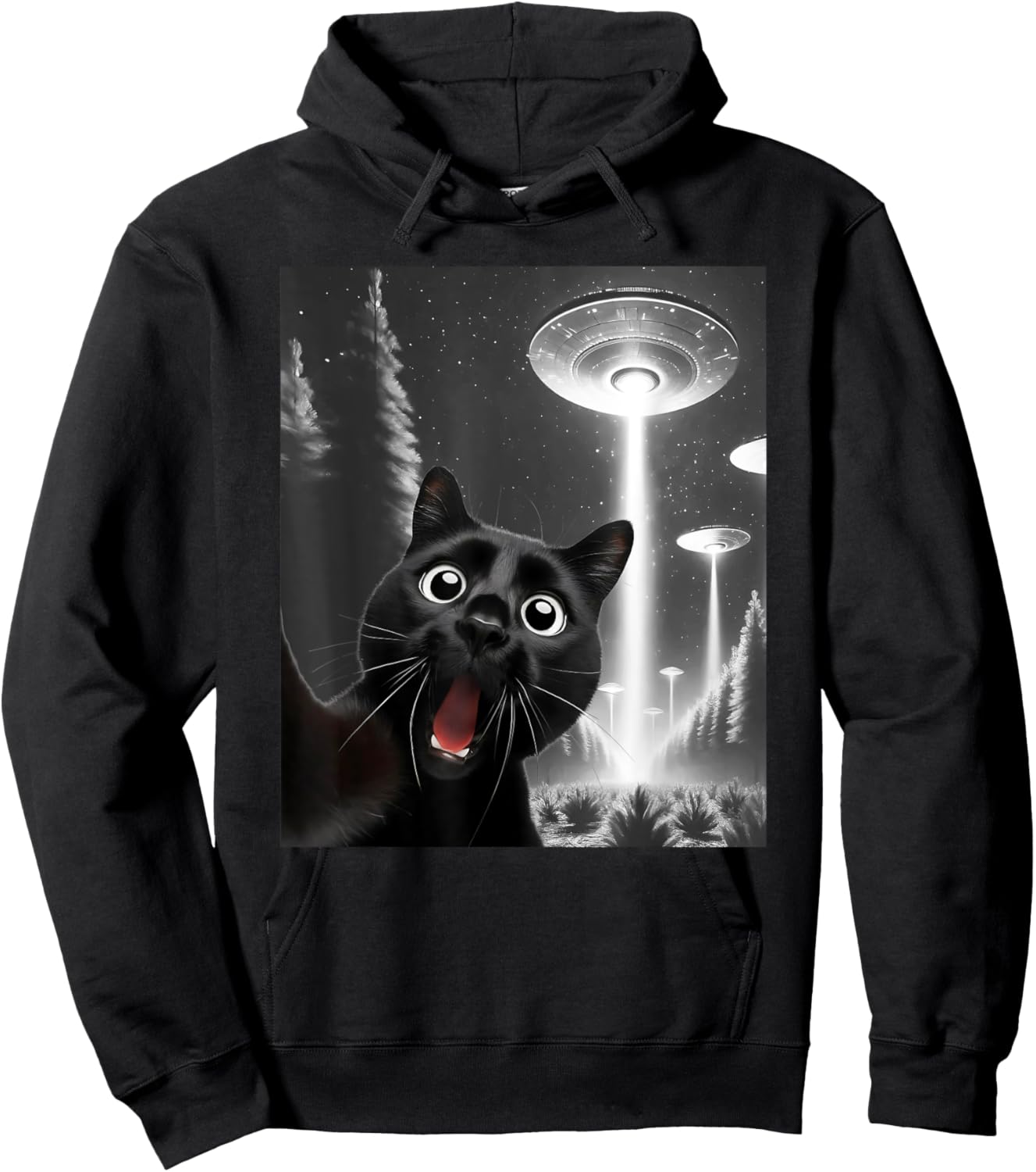 Funny Black Cat Alien UFO Taking a Selfie Cat Mom Dad Hoodie - Hoodie | Black
