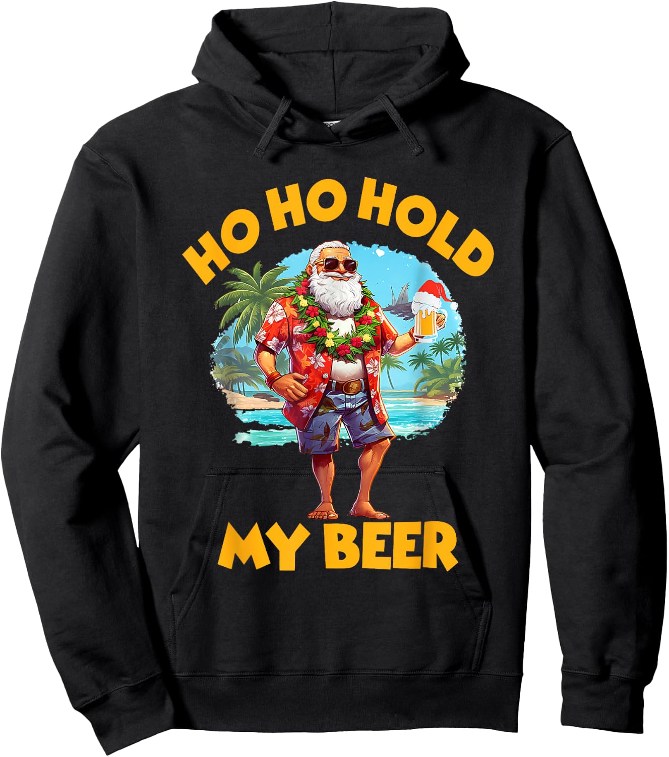 Ho Ho Hold My Beer Christmas In July Summer Santa Sunglasses Hoodie - Hoodie | Black