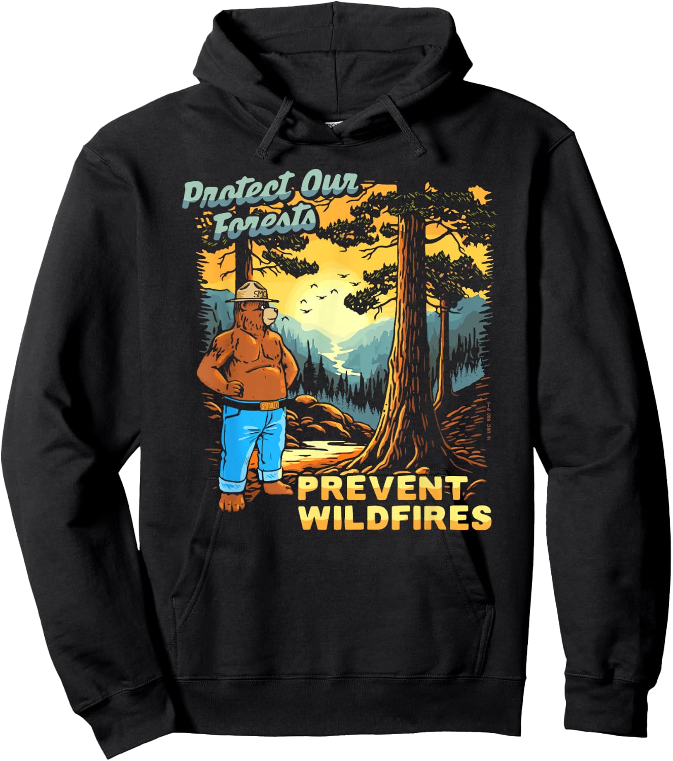 Smokey Bear Sunset Overlook - Protect Our Forests Retro Art Hoodie - Hoodie | Black