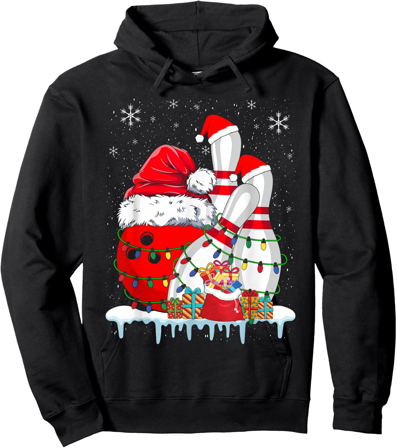 Bowling Christmas Bowling Santa Hat Christmas Lights Hoodie - Hoodie | Black
