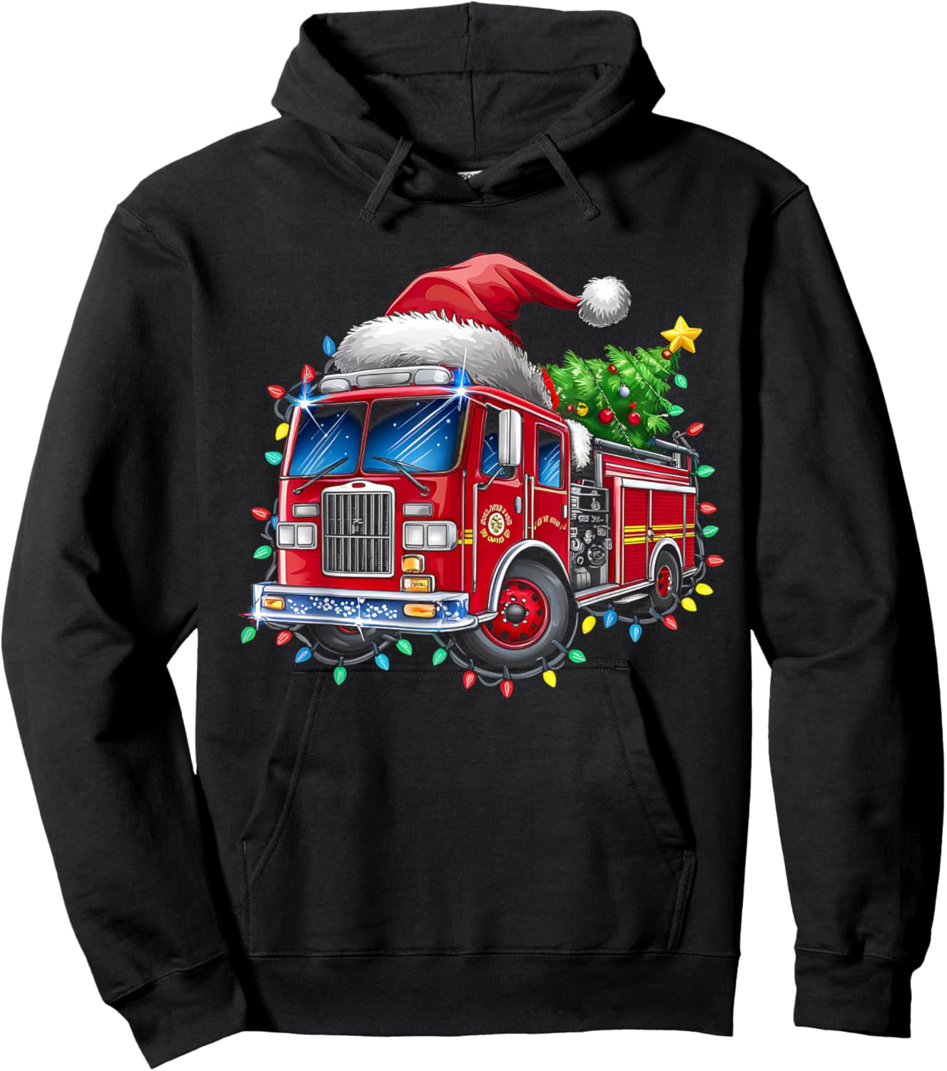 Funny Firetruck Santa Christmas Tree Lights Toddler Kids Hoodie - Hoodie | Black