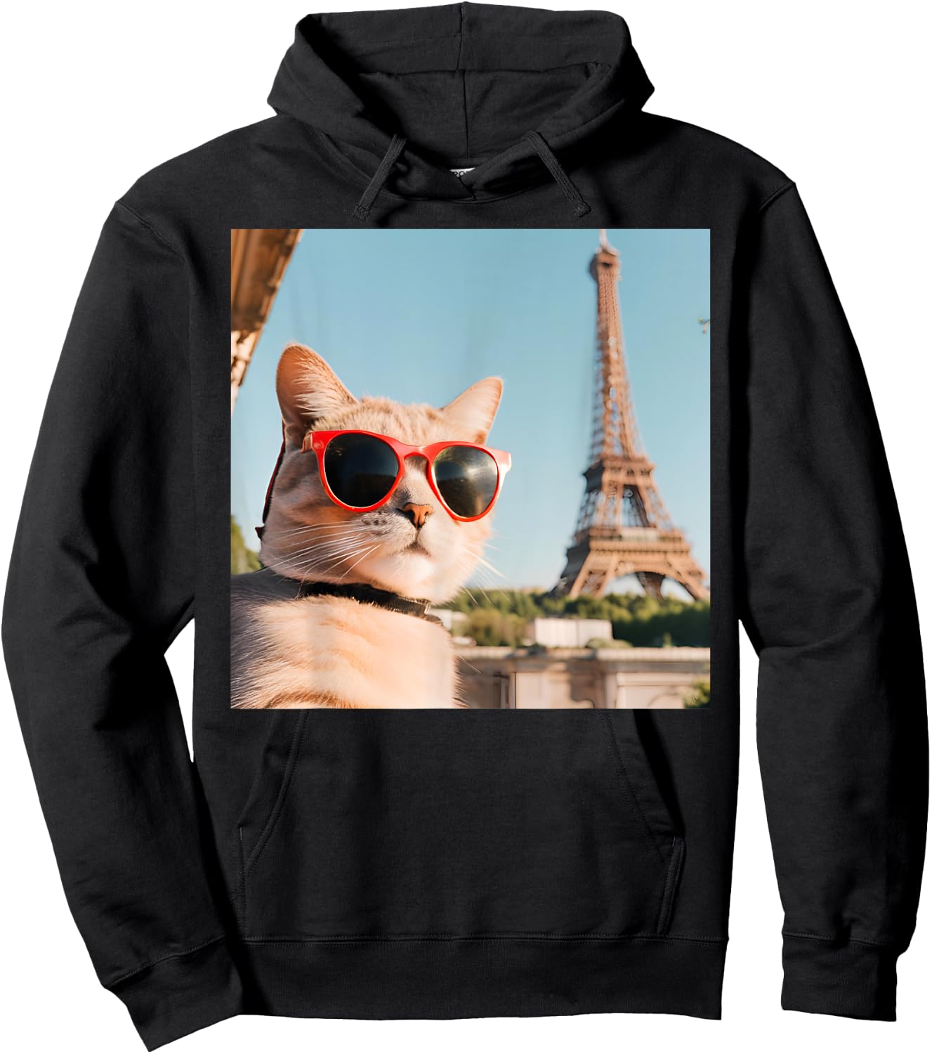 Funny Cat Wearing Sunglasses At The Eiffel Tower in France Women Kids Hoodie - Hoodie | Black
