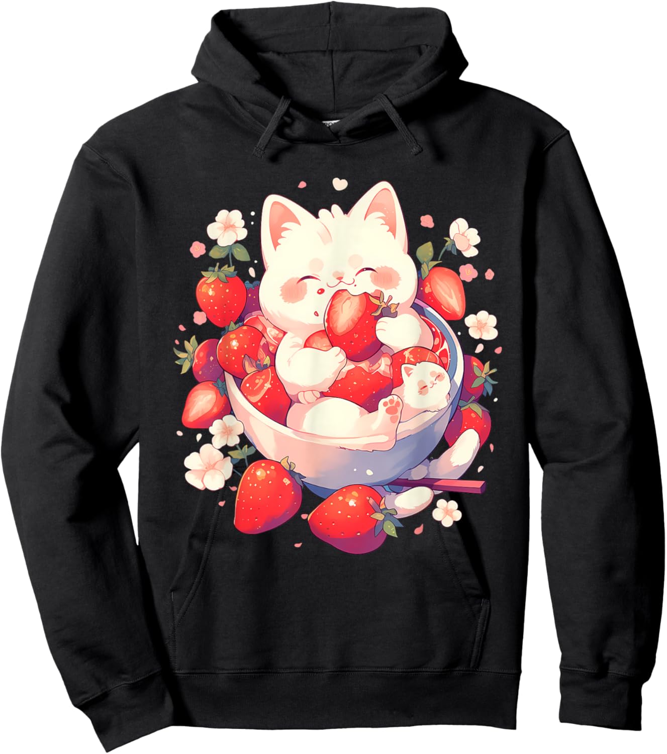 Strawberry Cat Animal Art Strawberries Floral Drawing Hoodie - Hoodie | Black