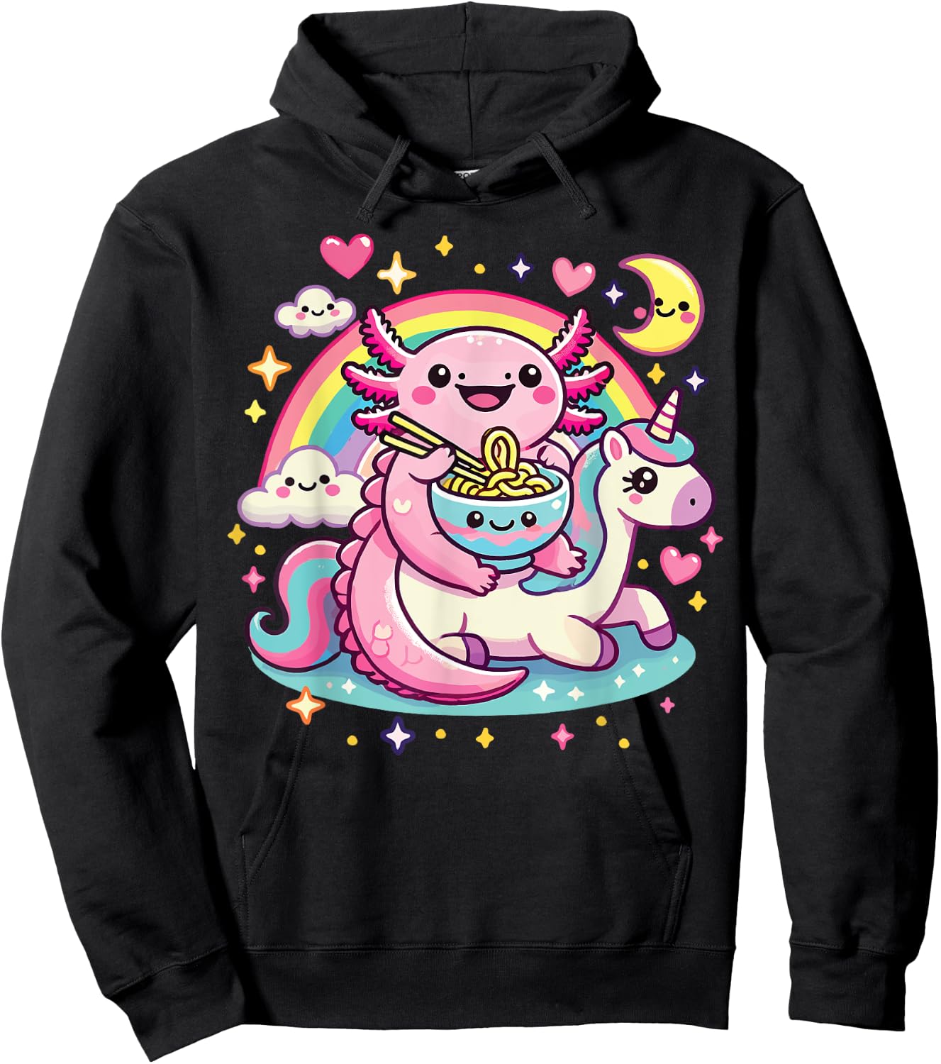 Anime Kawaii Axolotl Eating Ramen Noodles Rainbow Kids Girl Hoodie - Hoodie | Black