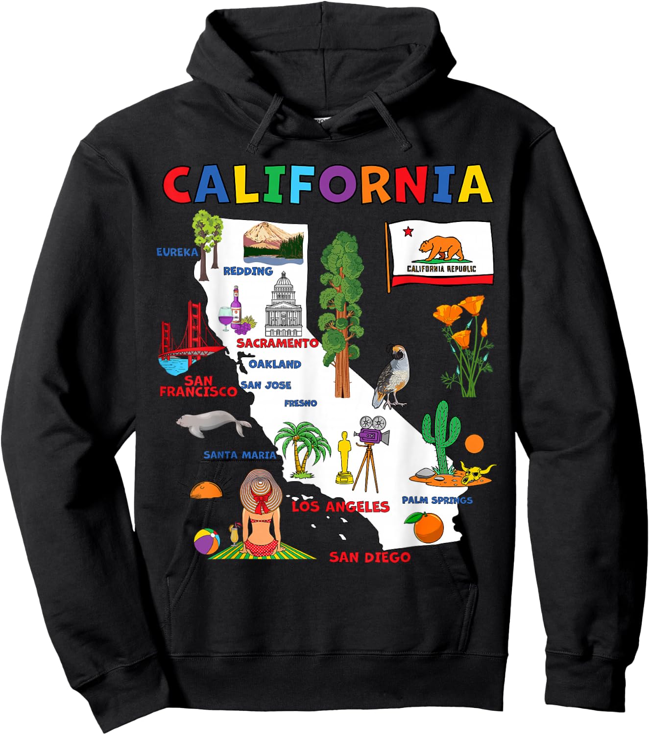 Map of California with Flag, Landmarks and Major Cities Hoodie - Hoodie | Black