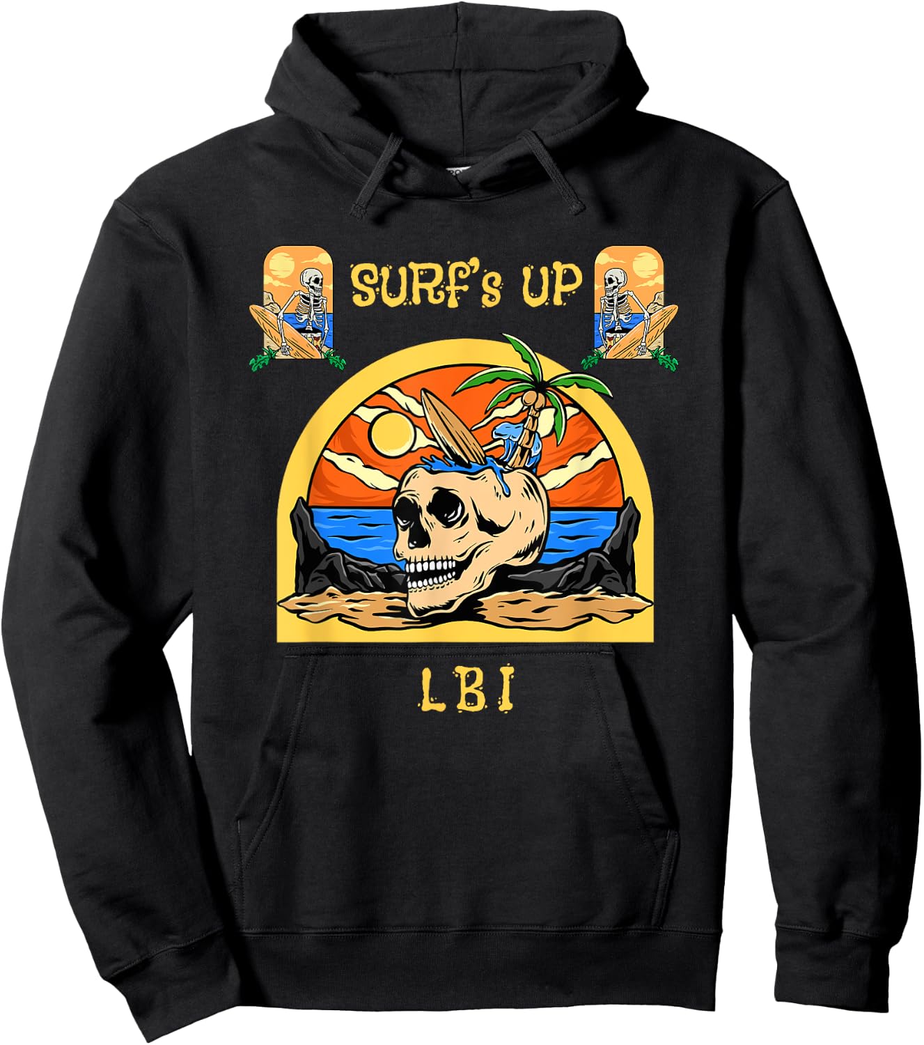Surf's Up LBI Funny Vintage Surfing Beach Skeleton Hoodie - Hoodie | Black