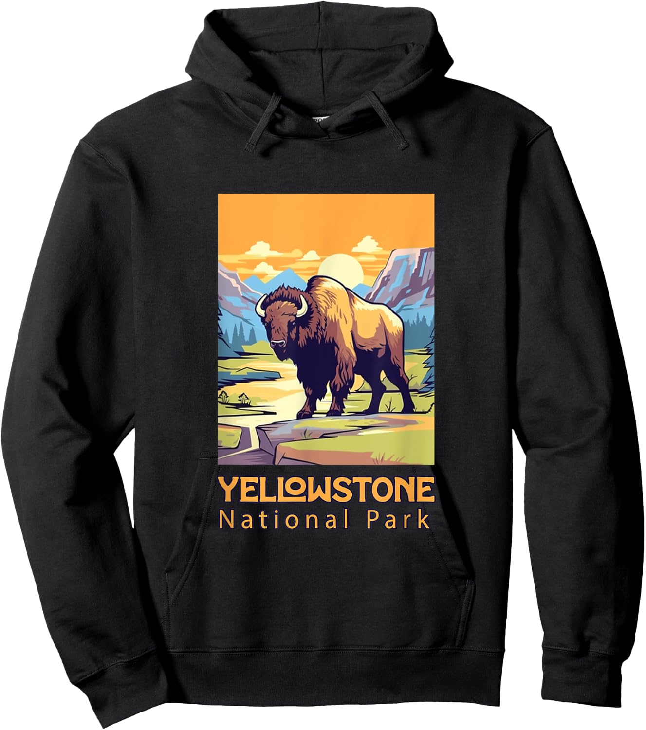 Yellowstone National Park Bison Large Cartoon Graphic Hoodie - Hoodie | Black