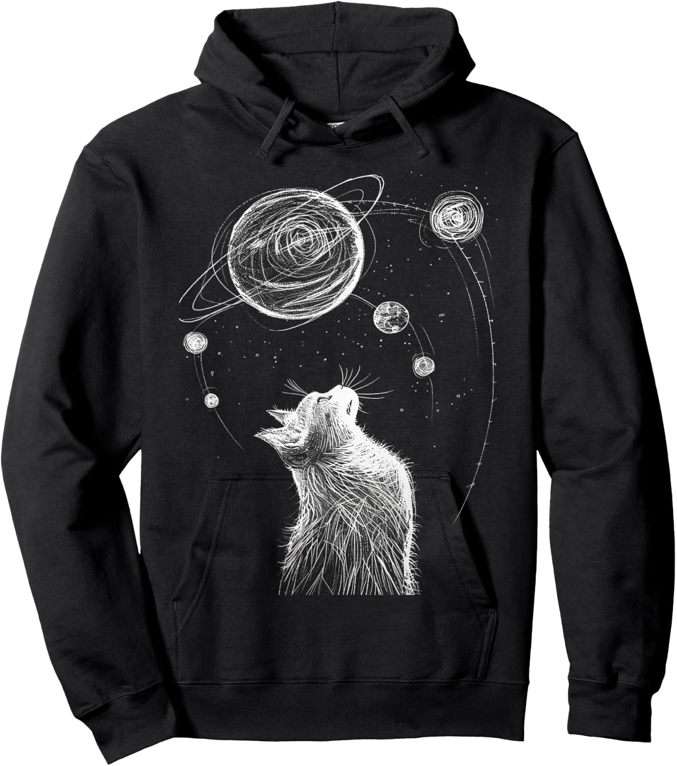 Cat Staring at Solar System Men Women Kids Hoodie - Hoodie | Black
