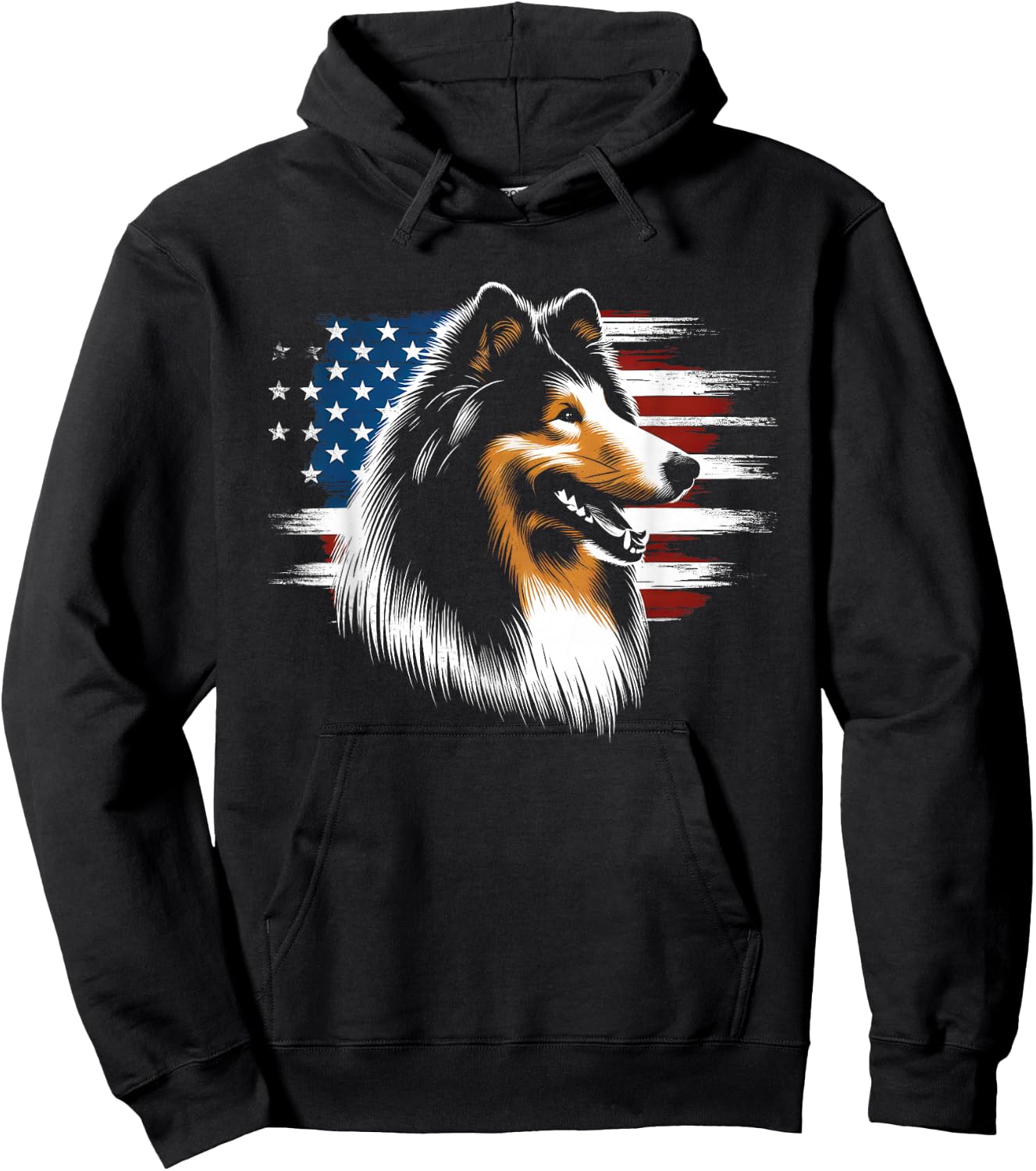 Rough Collie American Flag - Patriotic Collie Dog Lover Hoodie - Hoodie | Black