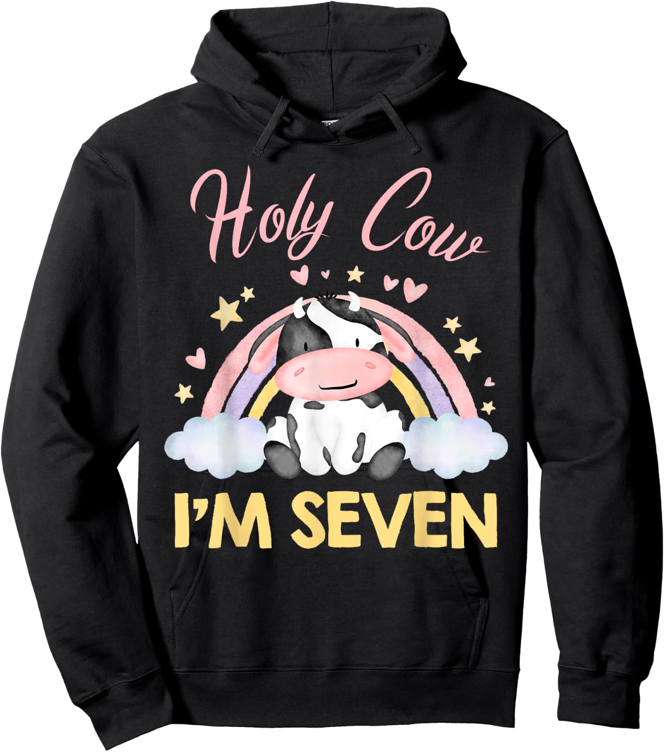 Holy Cow I'm Seven Rainbow Cow 7 Year Old 7th Birthday Girl Hoodie - Hoodie | Black