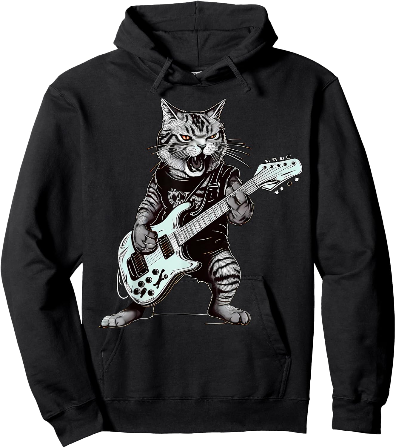 Cat Guitar T Shirt Cat Playing Guitar Heavy Metal Cat Hoodie - Hoodie | Black