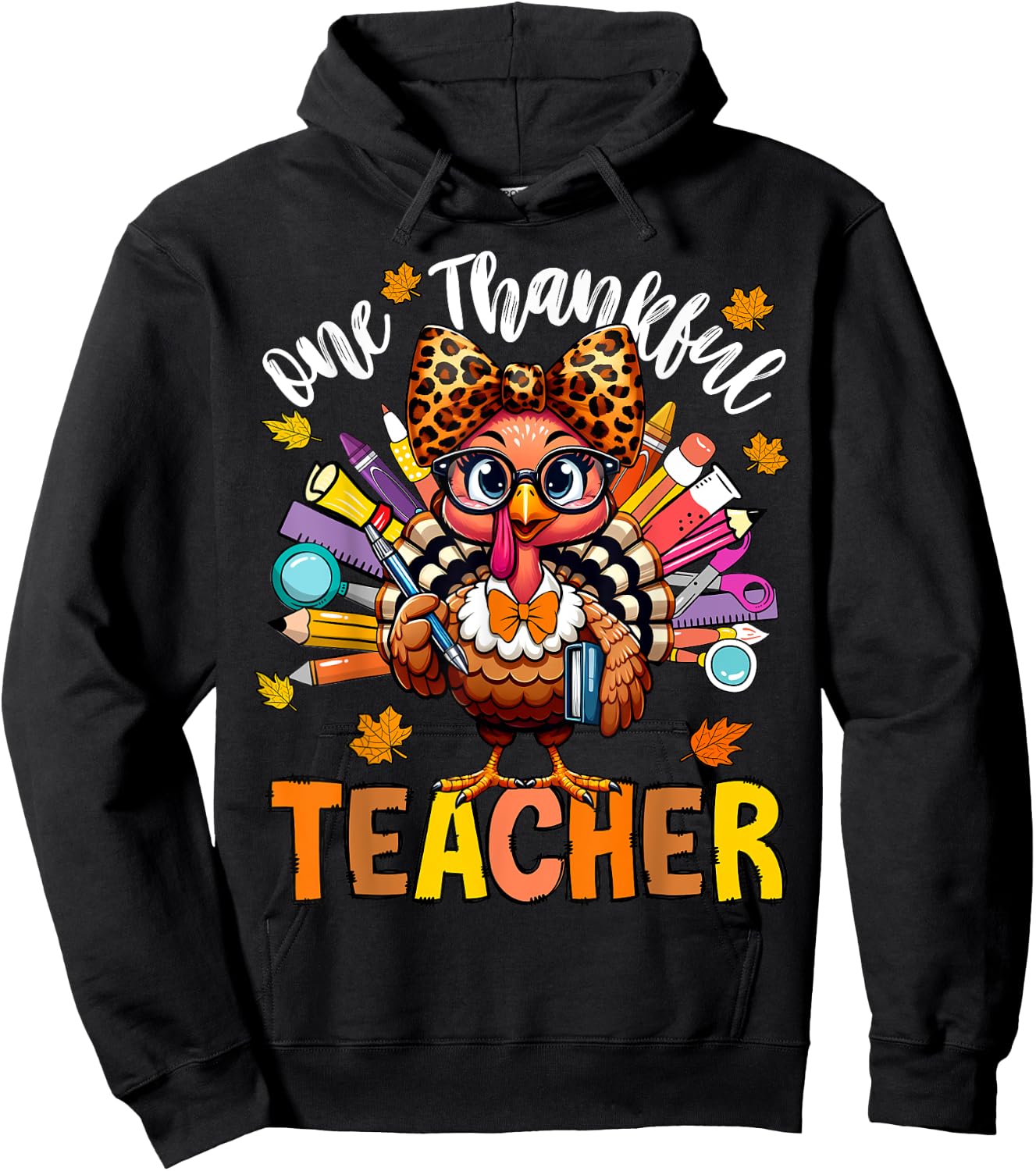 One Thankful Teacher Thanksgiving Turkey Cute Crayon Pencil Hoodie - Hoodie | Black
