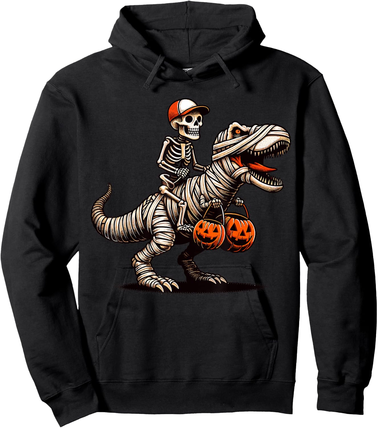 Skeleton Riding Mummy Dinosaur Pumpkin Halloween Hoodie - Hoodie | Black