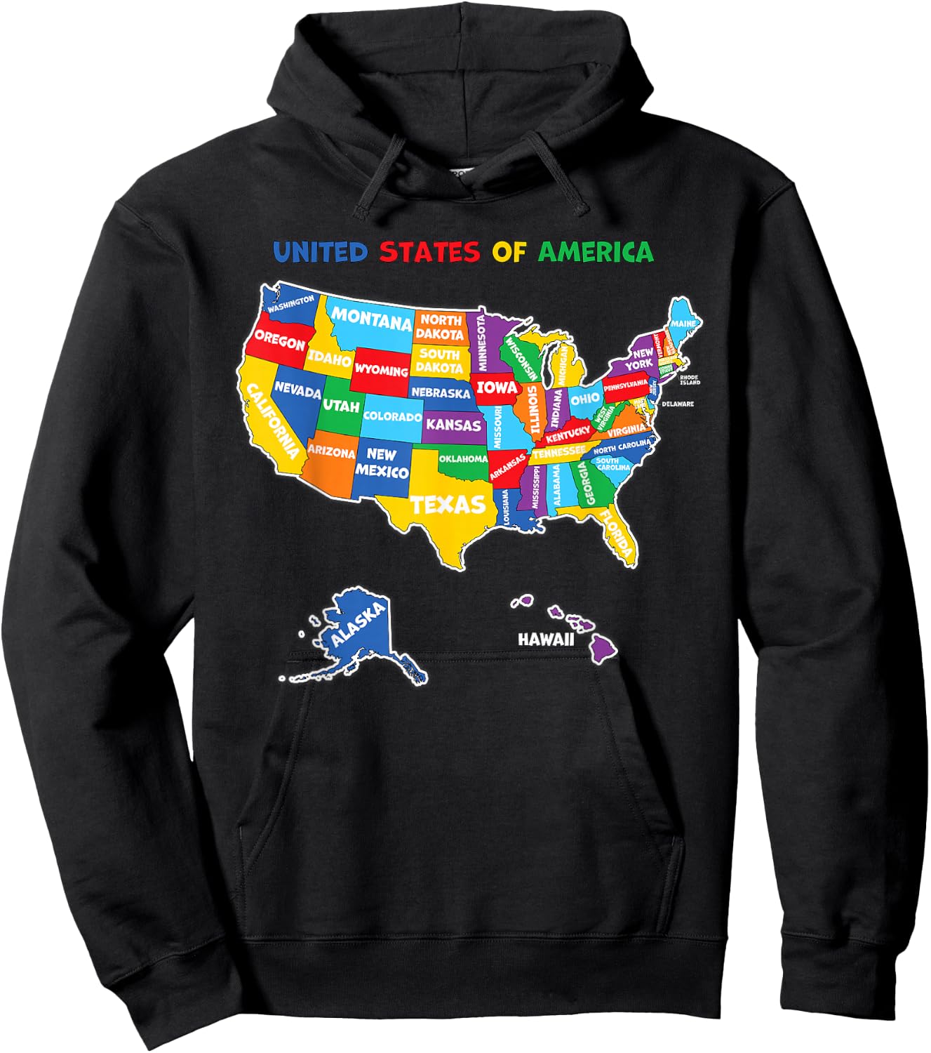 Colorful United states of America Map with states names, USA Hoodie - Hoodie | Black