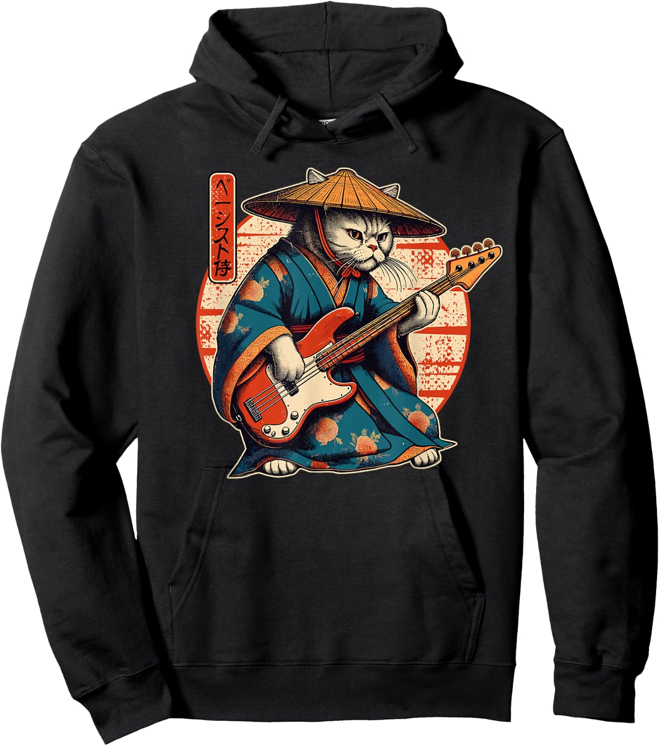 Japanese Samurai Cat Playing The Bass Men Women Girls Kids Hoodie - Hoodie | Black