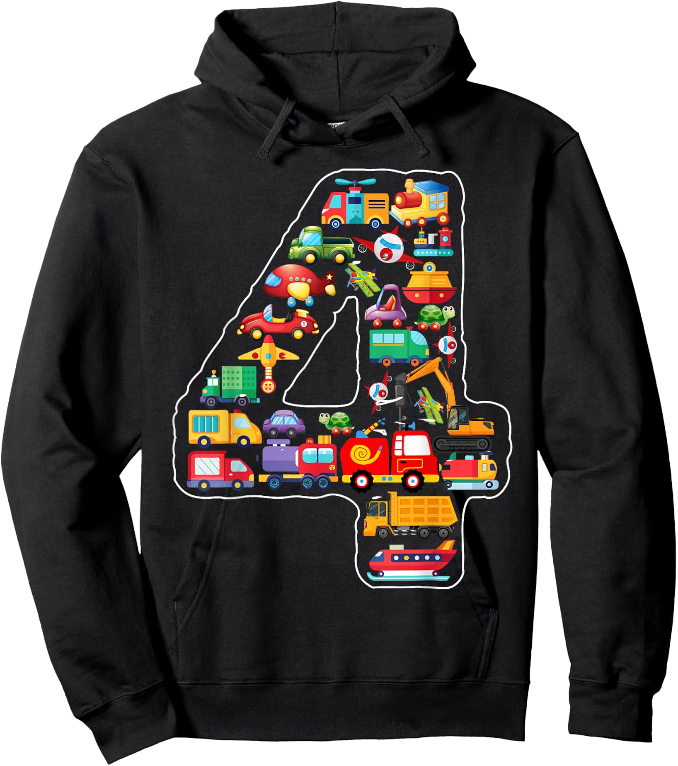 Kids 4th Birthday For Boys Cars Vehicles Fire Truck Airplane Hoodie - Hoodie | Black