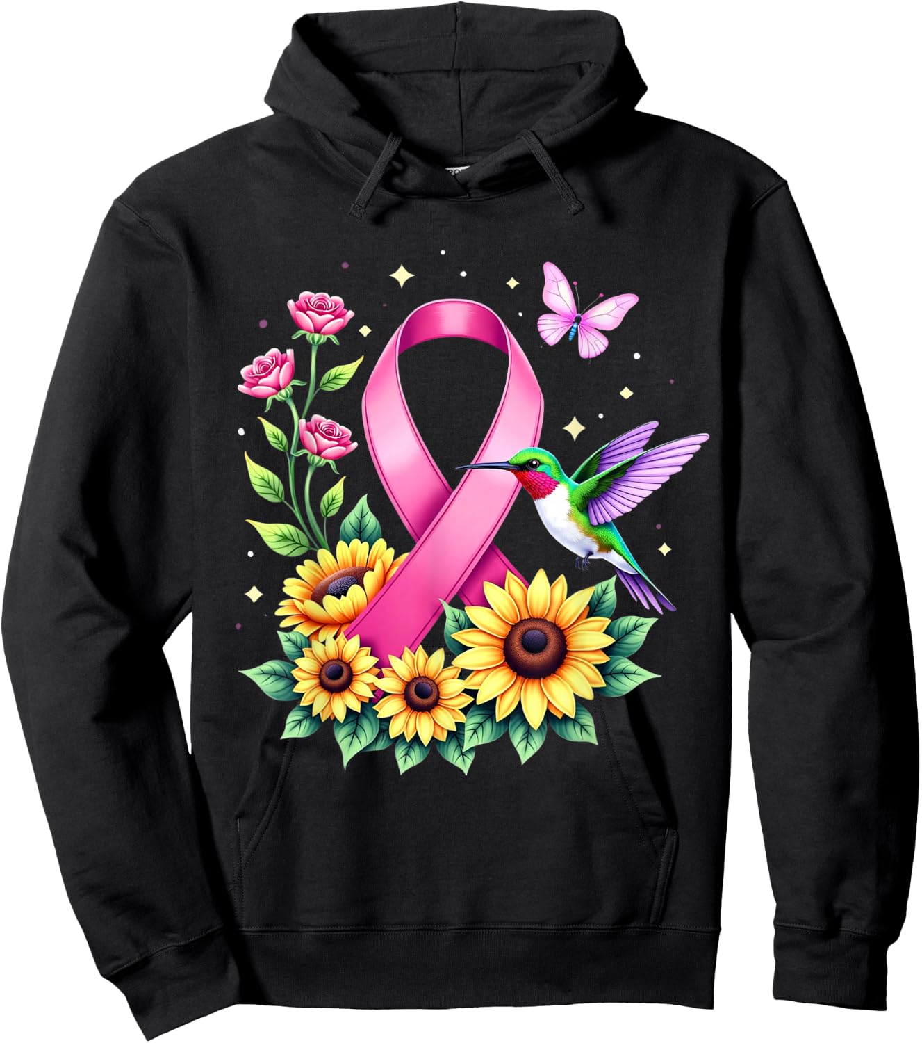 Hummingbird Sunflower Pink Ribbon Breast Cancer Awareness Hoodie - Hoodie | Black