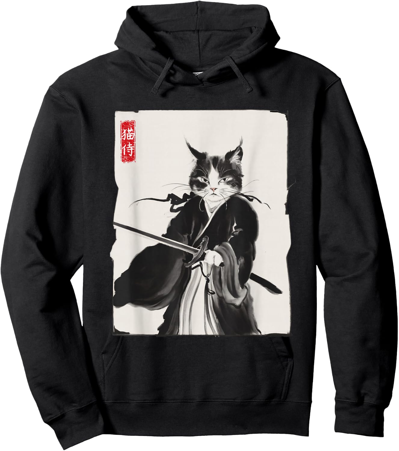 Samurai Cat Warrior Ink Art Funny Japanese Style Hoodie - Hoodie | Black