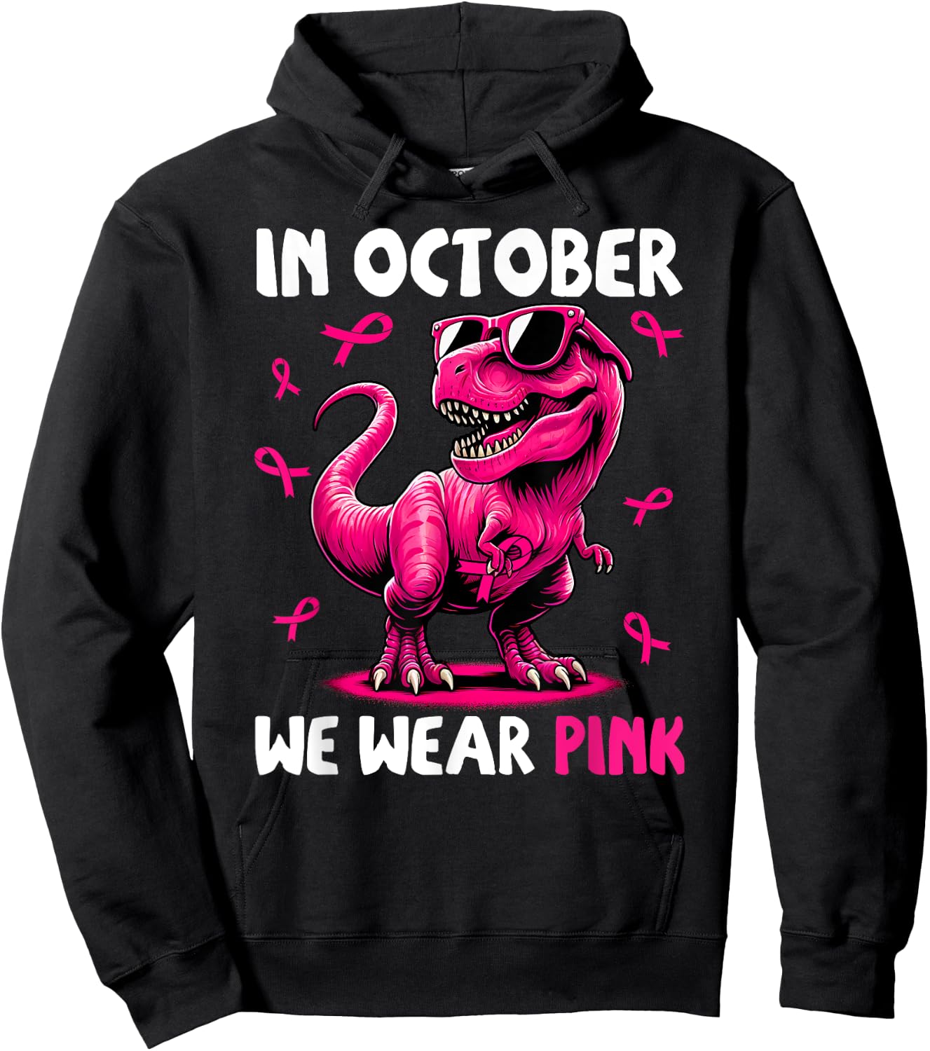 In October We Wear Pink Ribbon Breast Cancer Dinosaur Hoodie - Hoodie | Black