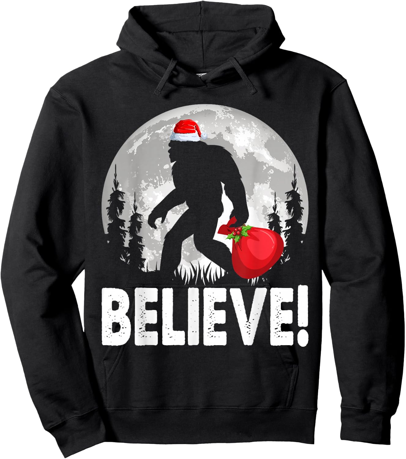 Believe! Santa Bigfoot Christmas Snow & Moon Night Graphic Hoodie - Hoodie | Black
