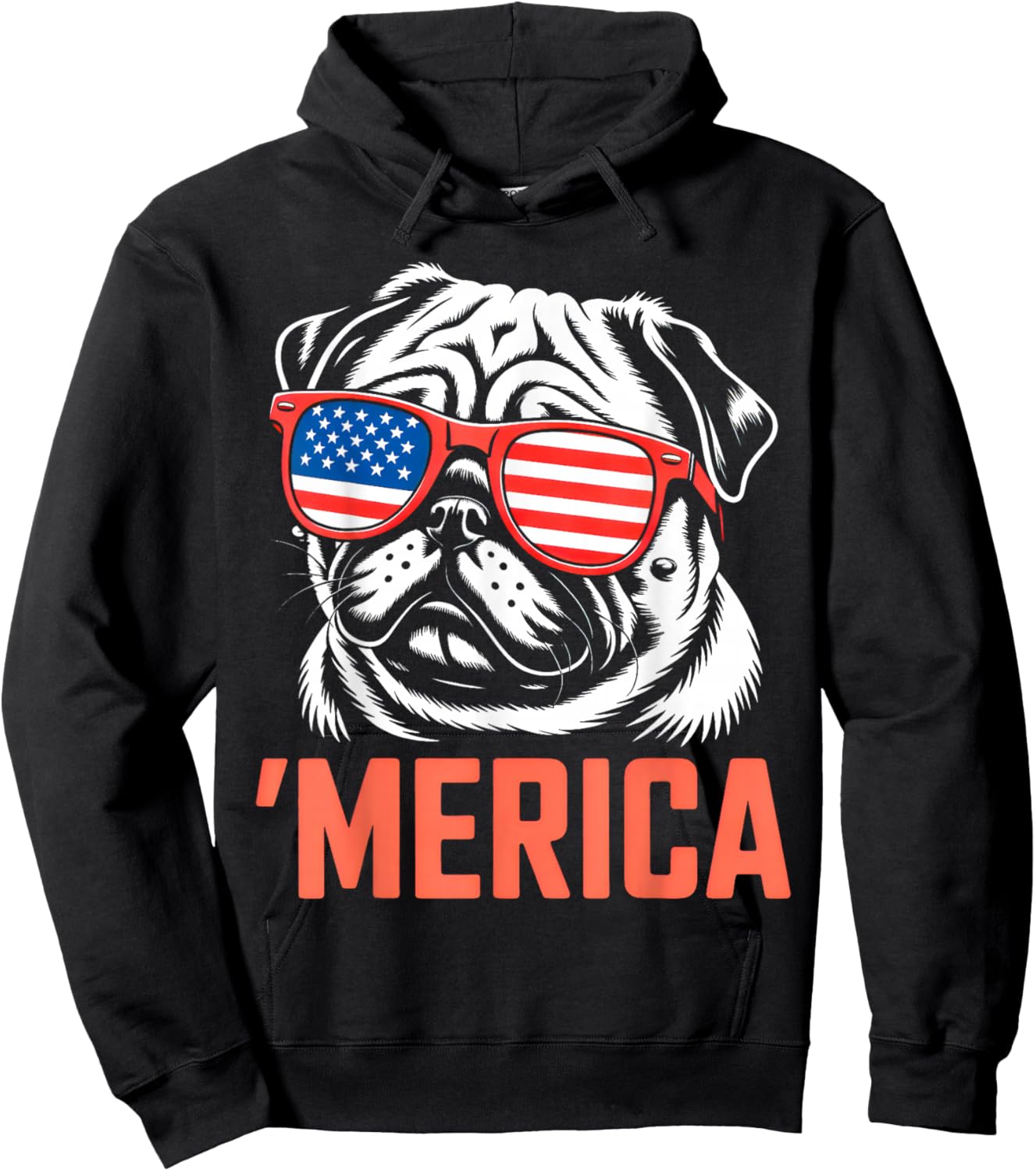 Merica Pug American Flag Patriotic USA Dog Lover Men Women Hoodie - Hoodie | Black