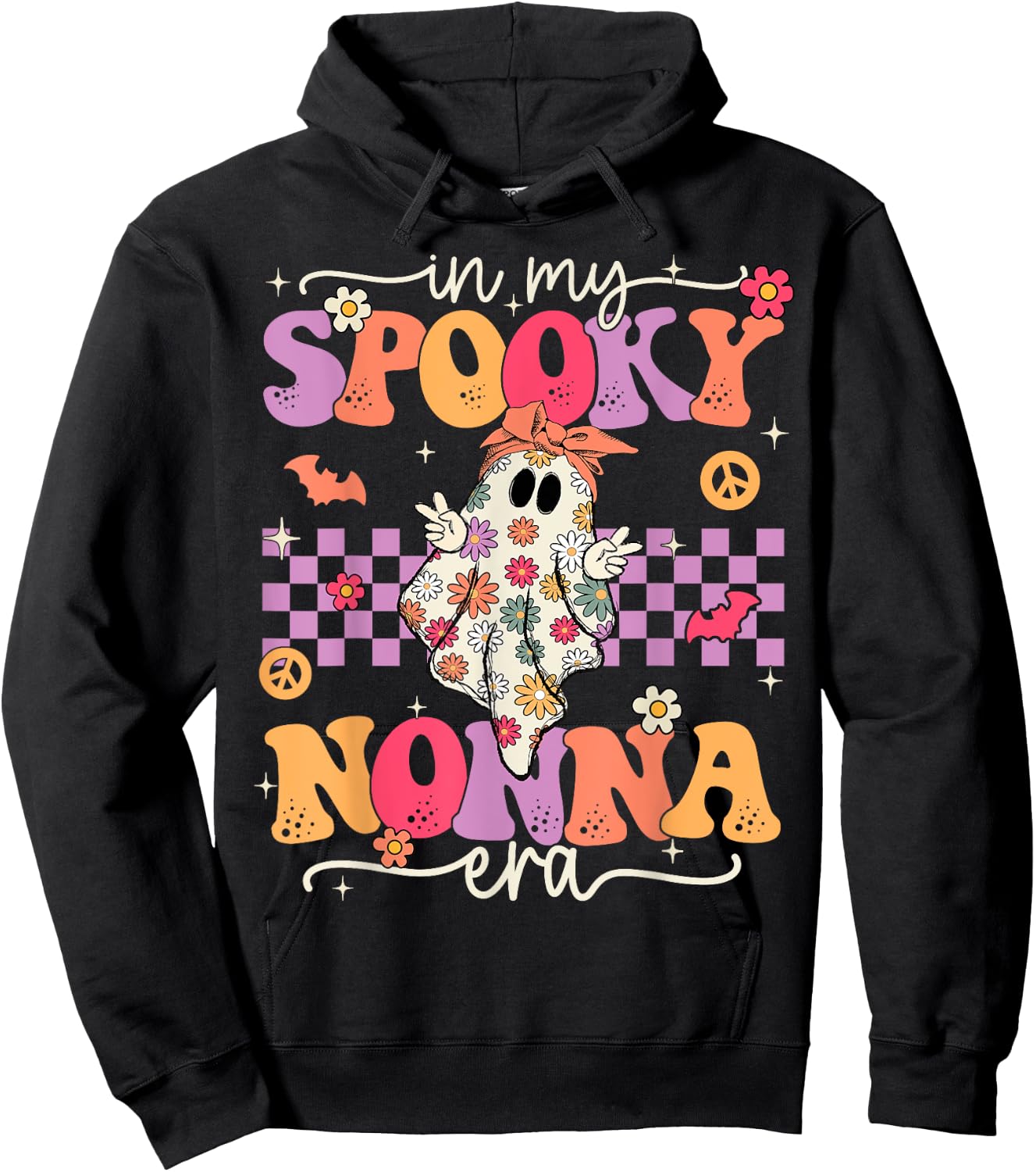 Groovy In My Spooky Nonna Era Hippie Halloween Floral Ghost Hoodie - Hoodie | Black
