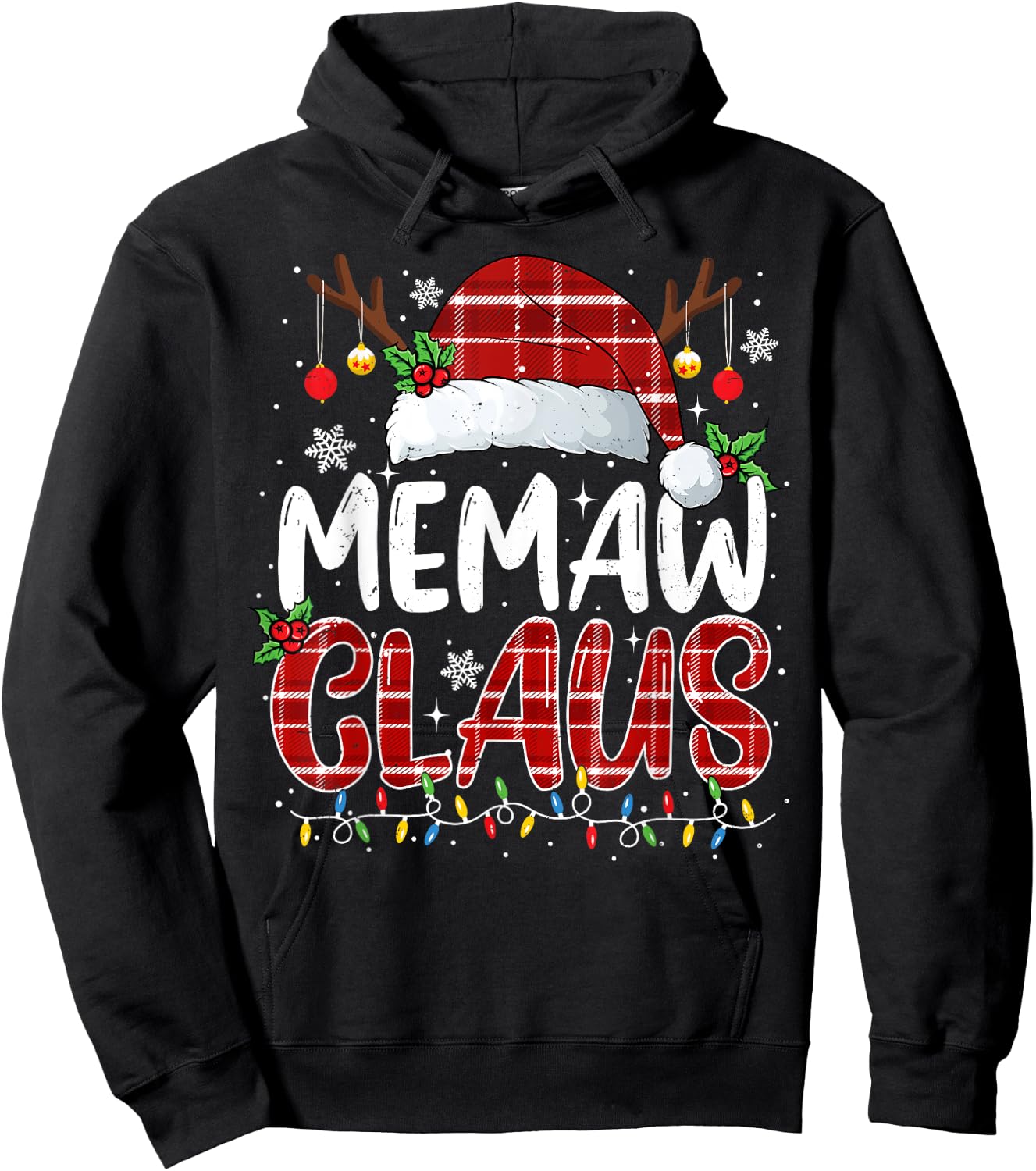 Memaw Claus Christmas Lights Pajama Family Matching Hoodie - Hoodie | Black