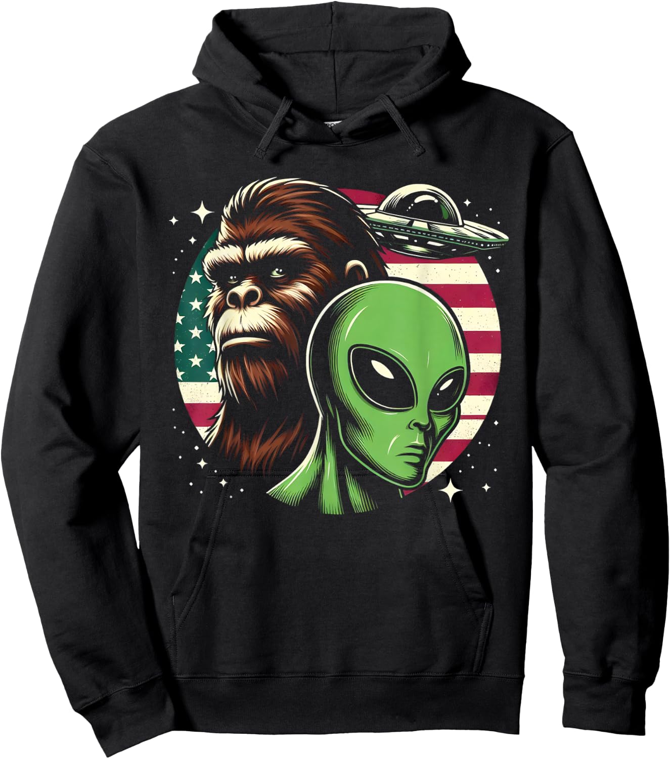 Bigfoot Sasquatch Alien UFO USA American Flag Hoodie - Hoodie | Black