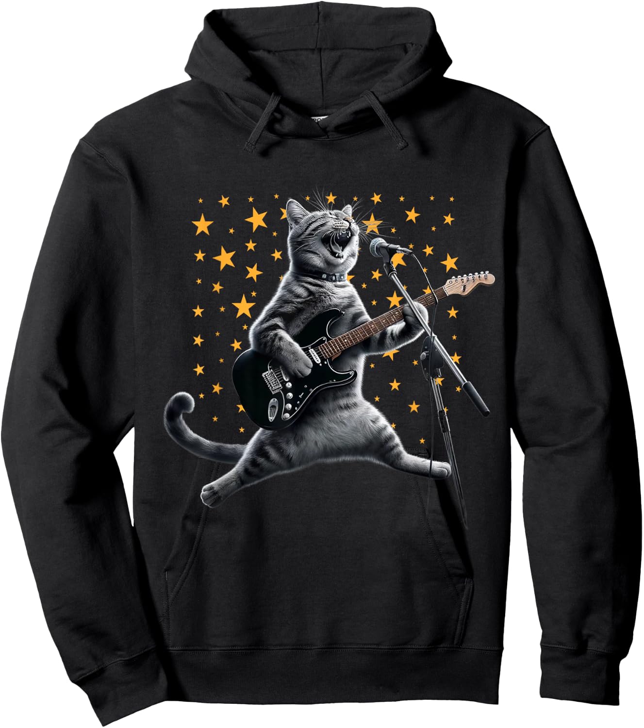 Rock Cat Playing Guitar Electric in space Funny kitty Galaxy Hoodie - Hoodie | Black