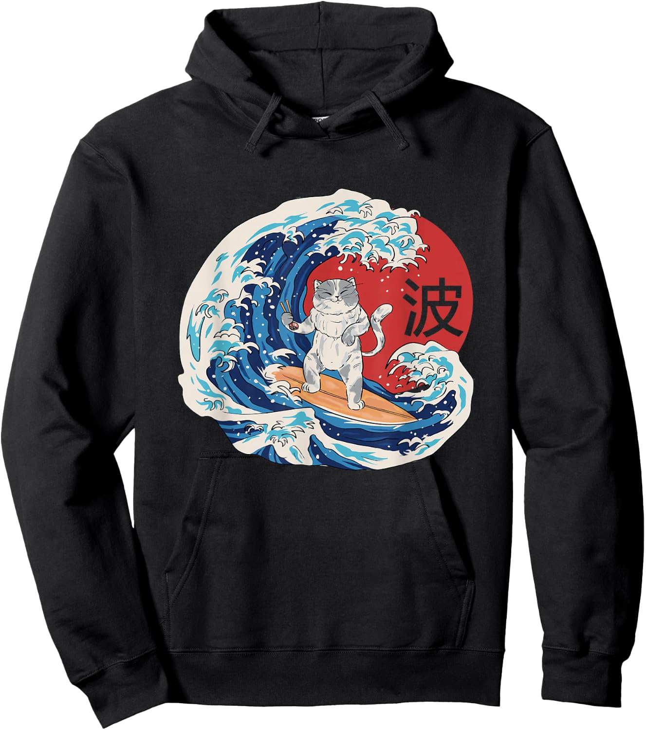 Cat Surfing Wave Japanese Hoodie - Hoodie | Black