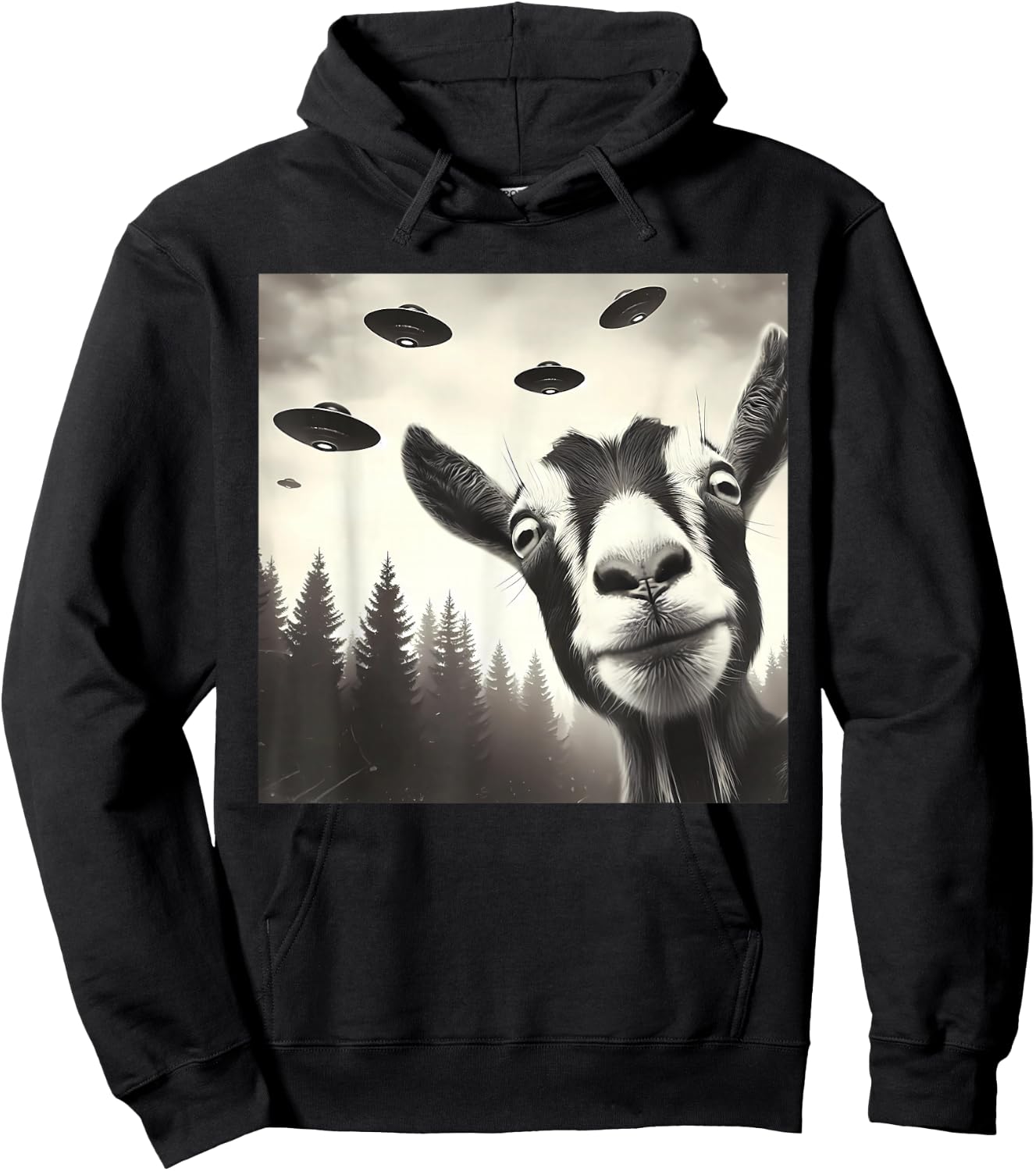 Funny Goat Selfie UFO Alien Humor Vintage Print Art Design Hoodie - Hoodie | Black