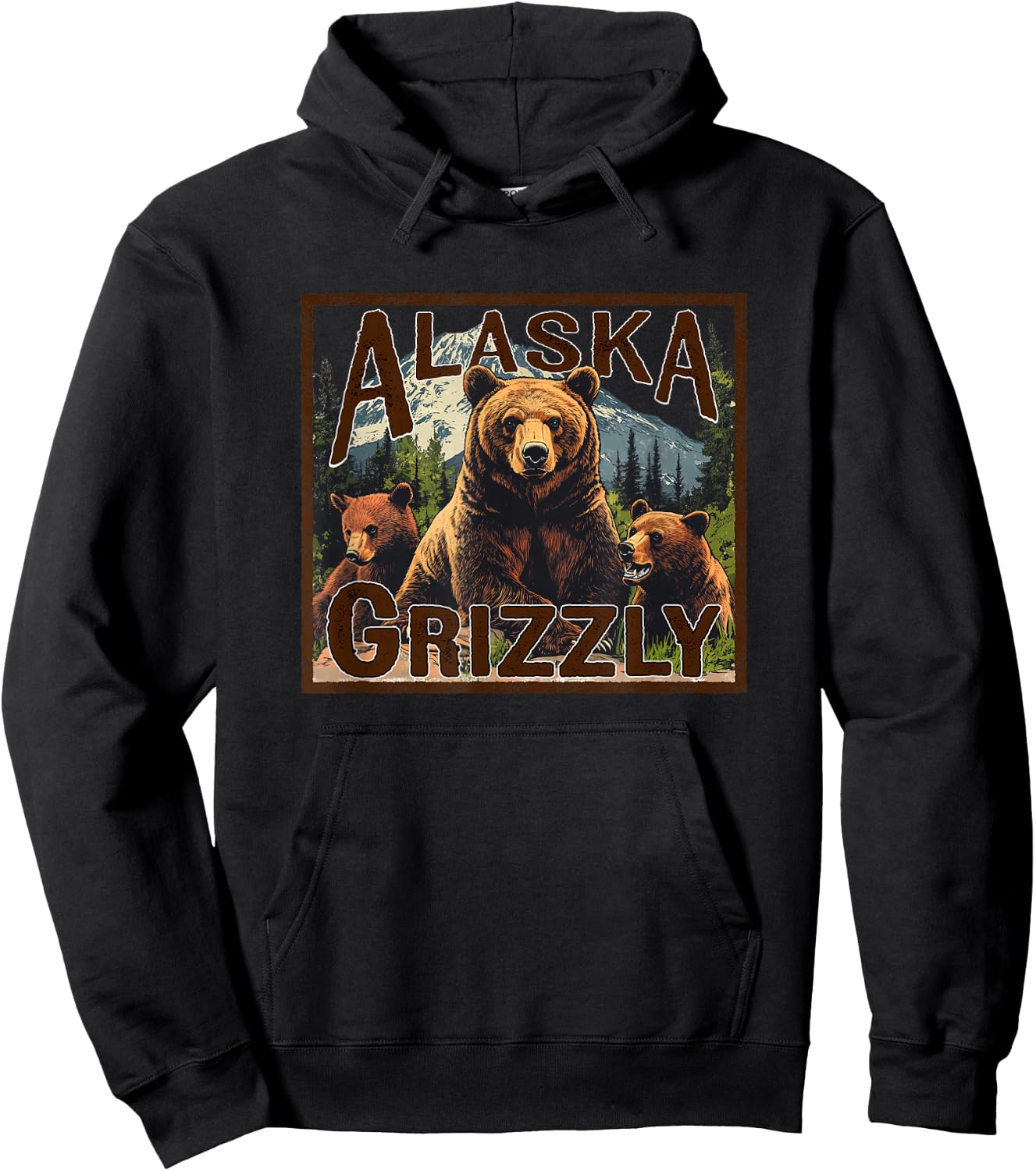 Alaska Grizzly Bear Vintage Mountain Trees Retro Souvenir Hoodie - Hoodie | Black