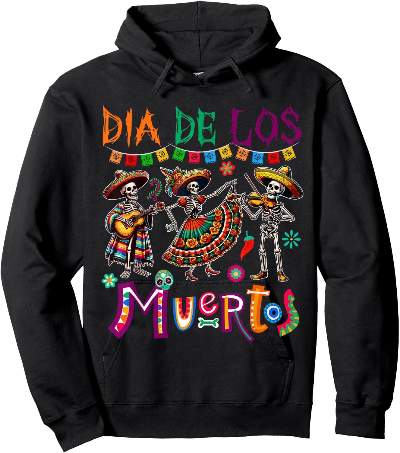 Dia De Los Muertos Three Floral Skeletons Mexican Dancing Hoodie - Hoodie | Black