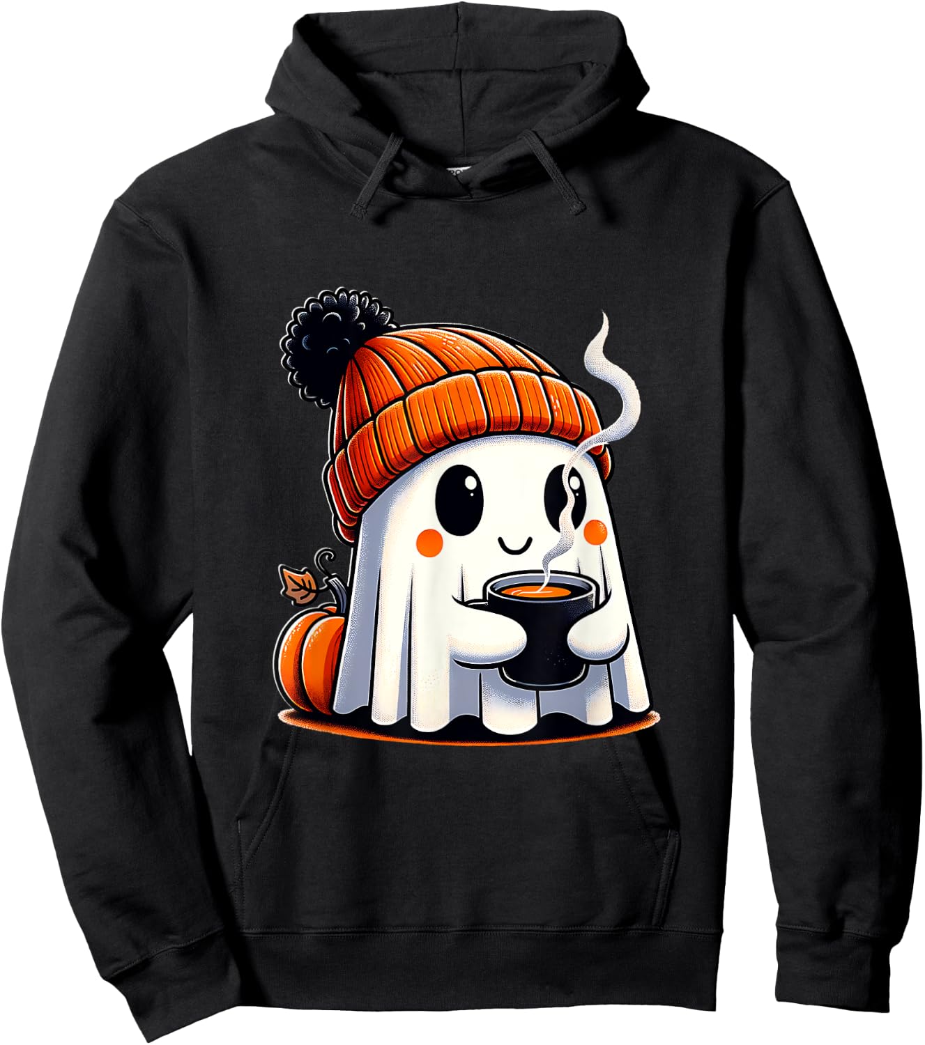 Halloween Cute Kawaii Ghost Drinking Coffee Women Men Kids Hoodie - Hoodie | Black
