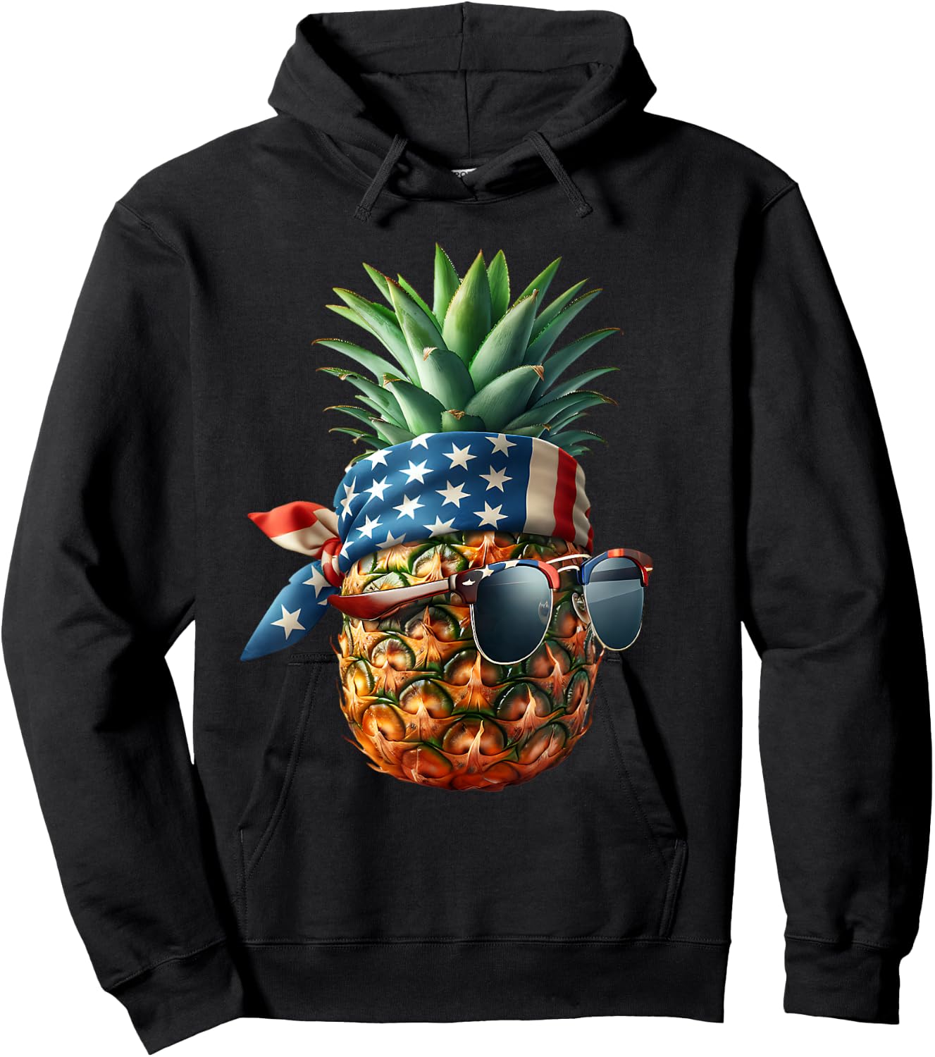 Pineapple with Bandana Sunglasses American Flag 4th of July Kids Men Hoodie - Hoodie | Black