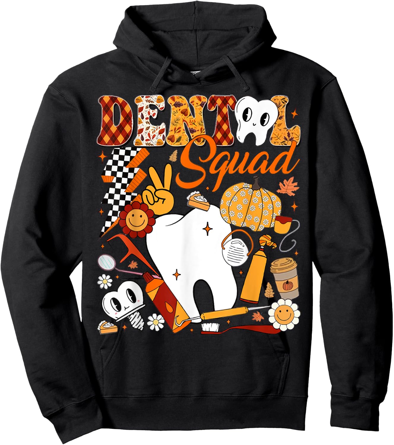Dental Squad Fall Retro Tooth Dental Life Pumpkin Autumn Hoodie - Hoodie | Black