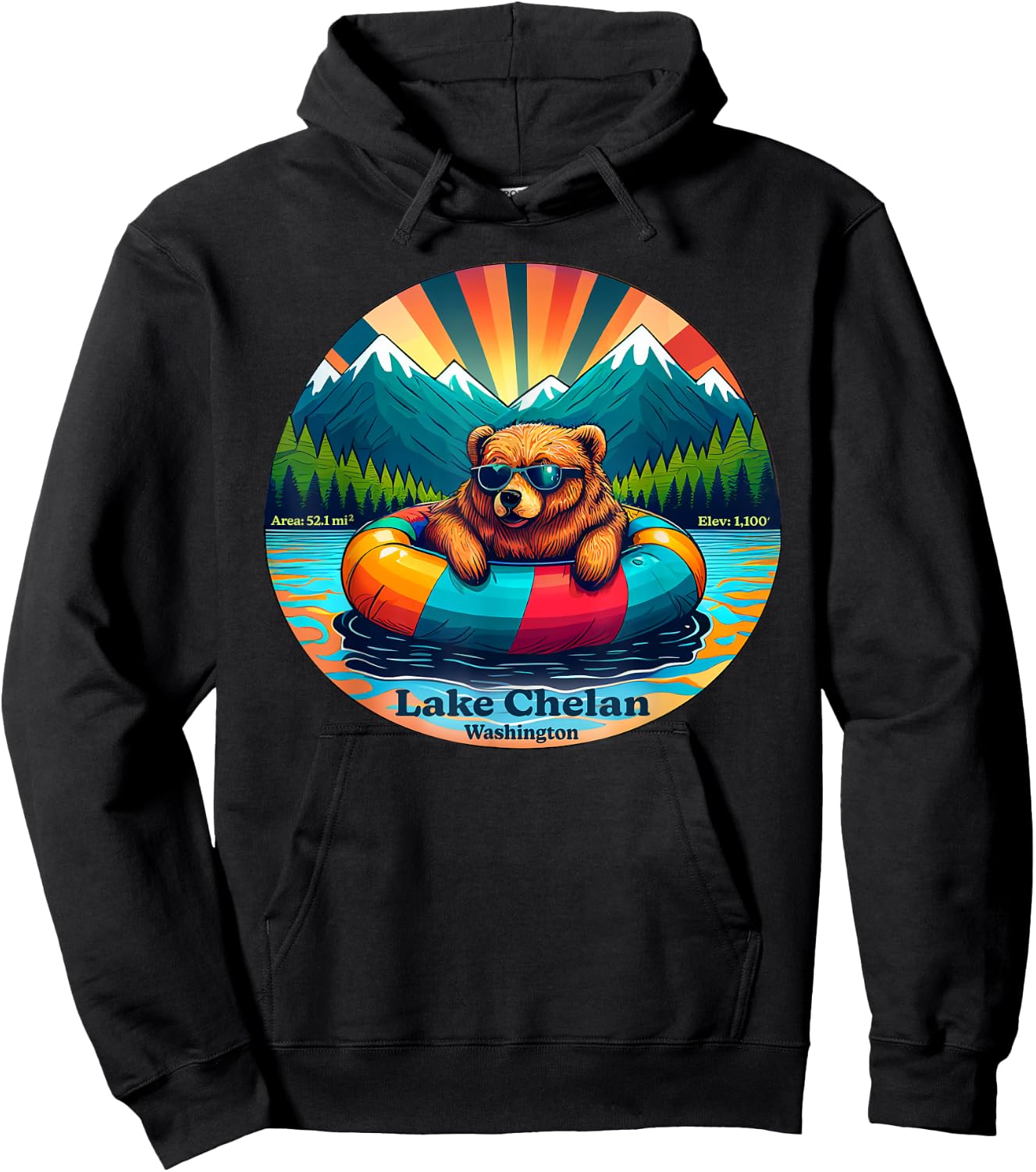Lake Chelan, Washington Bear with Sunglasses Souvenir Hoodie - Hoodie | Black