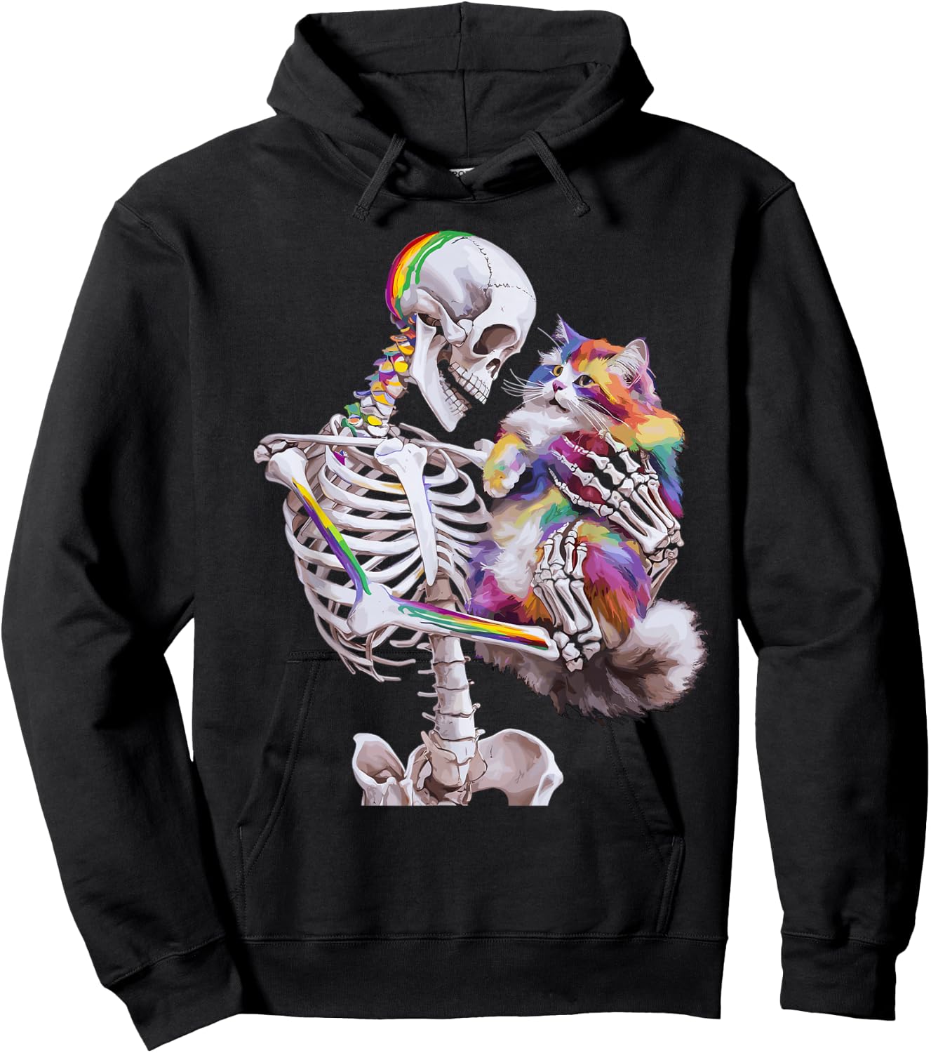 Colorful Paint Splash Cat And Skeleton Art Graphic Hoodie - Hoodie | Black